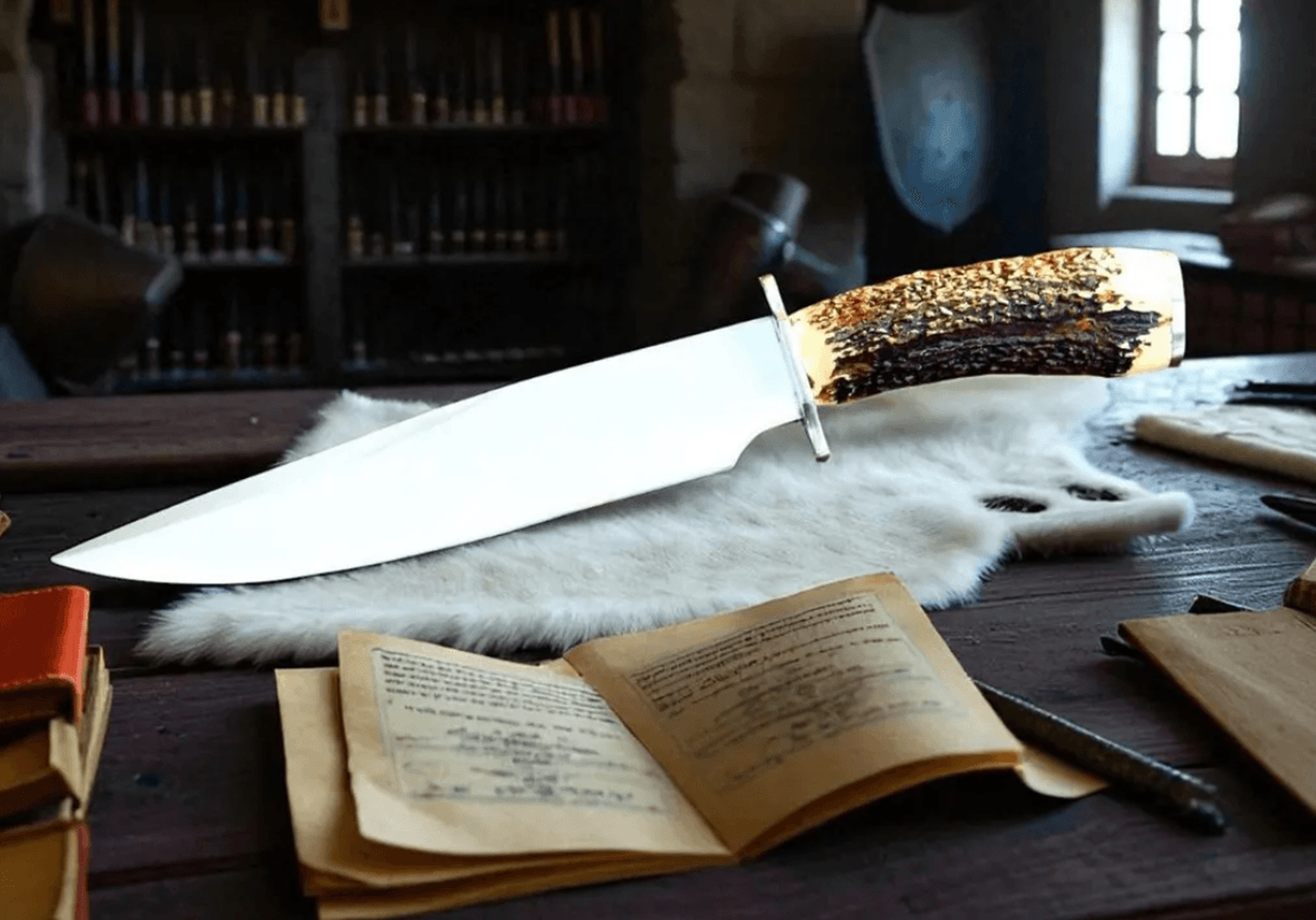 d2 steel bowie knife | stag horn handle & brass guard | leather sheath | hunter knife | bf gift | father gift