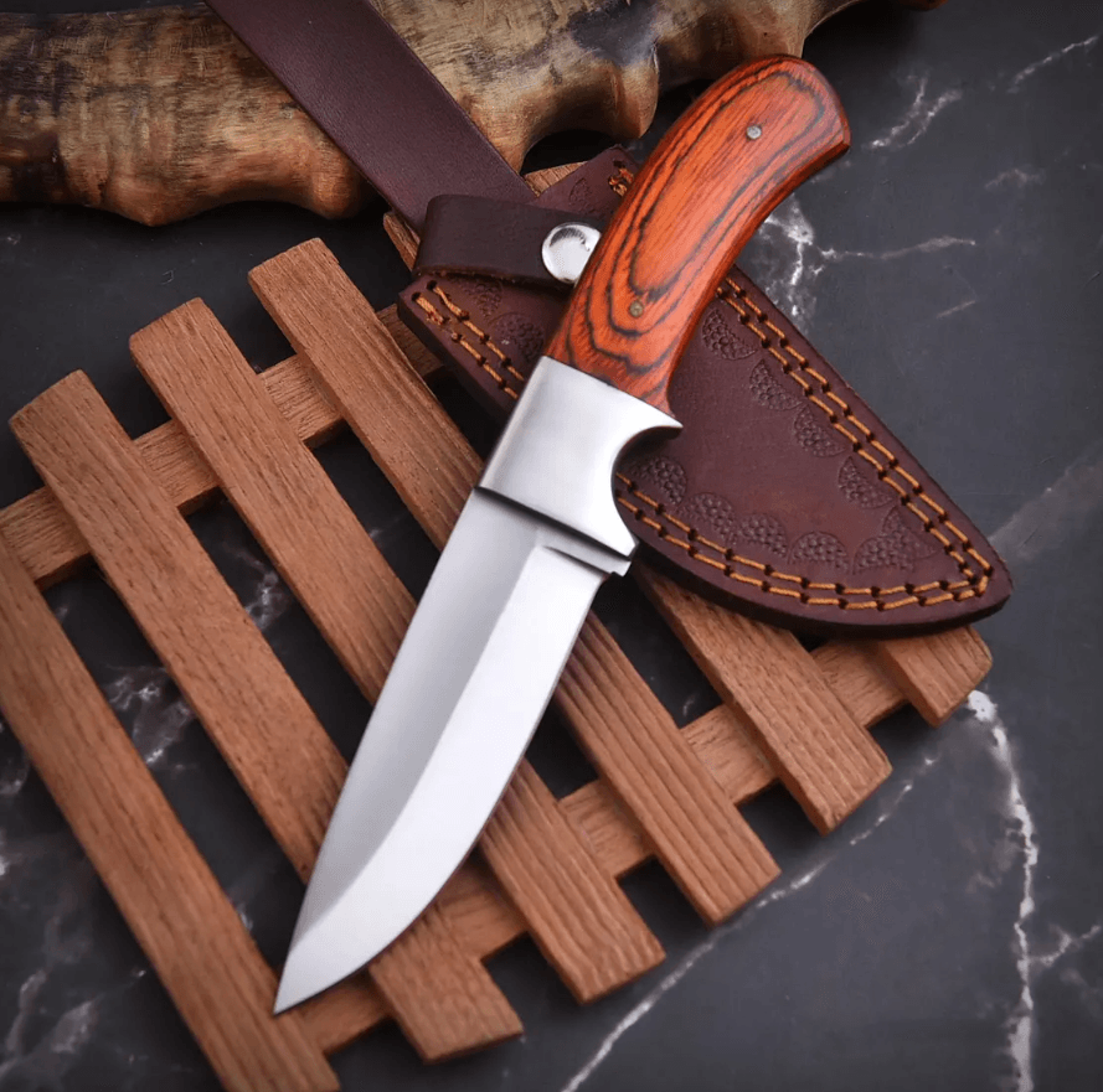knife – handmade d2 steel skinner | 9 overall | leather & wooden handle | free leather sheath