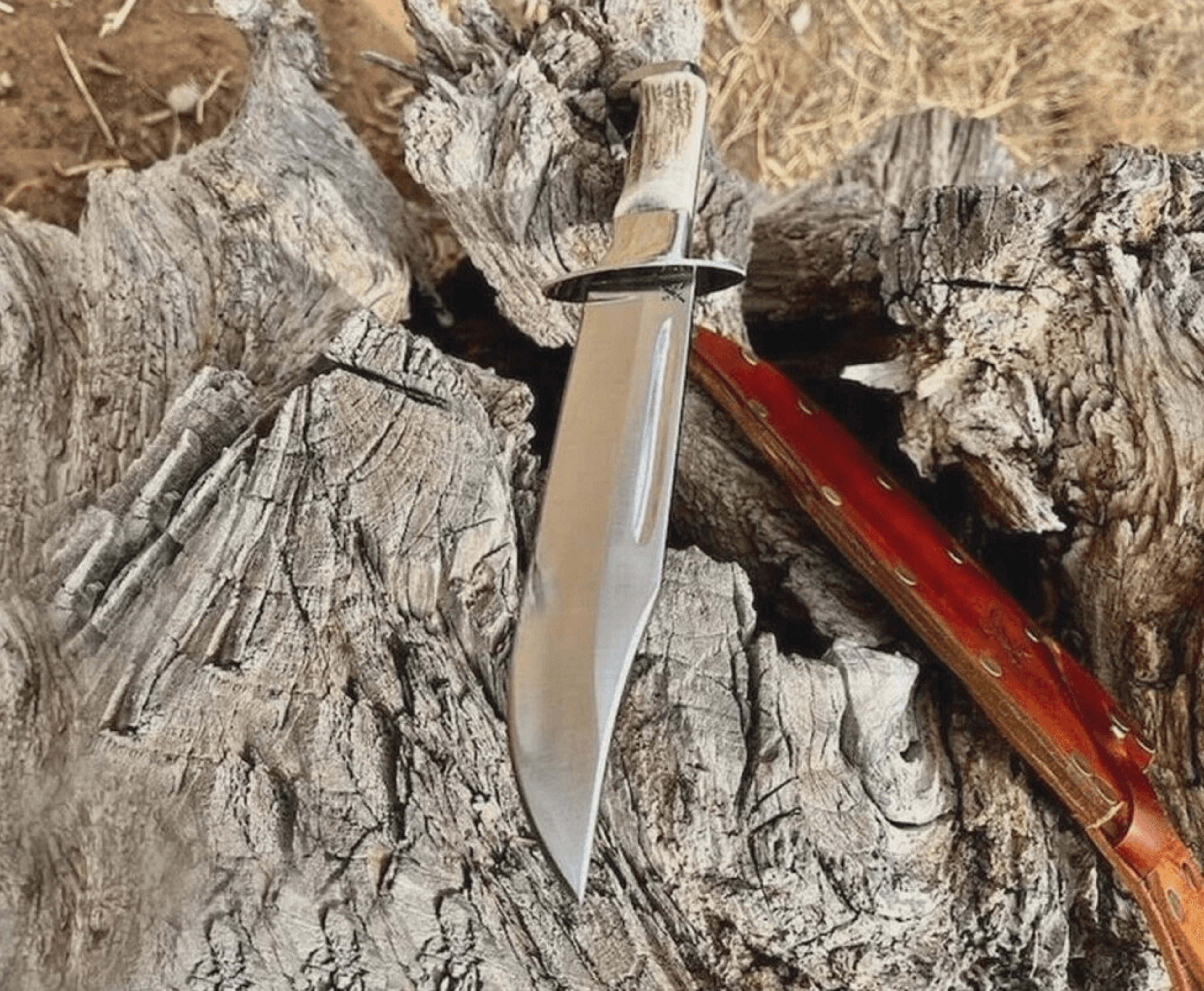 knife – handmade d2 steel bowie | 18 overall | d2 & horn handle | free leather sheath