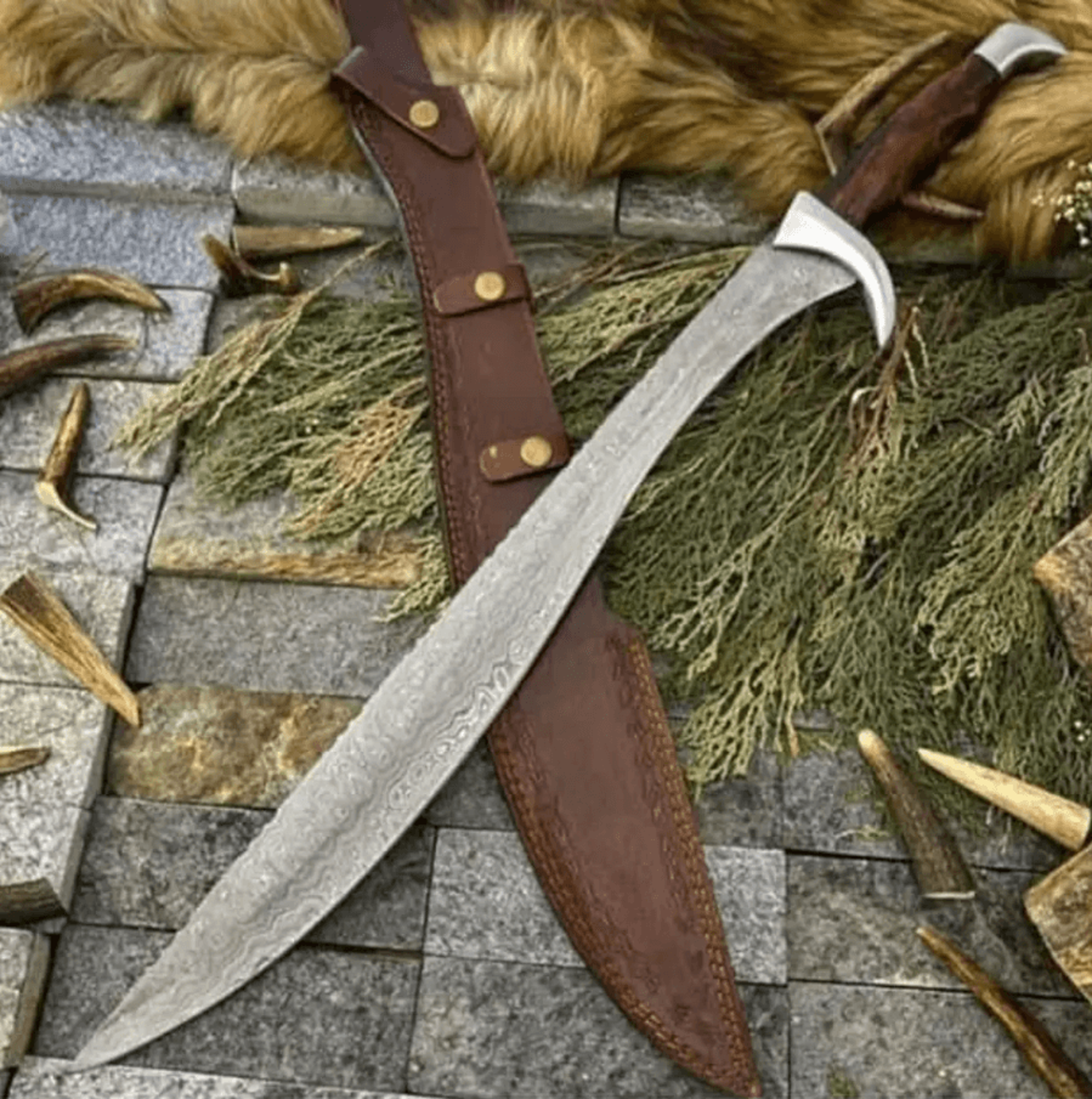 handmade damascus steel bowie knife – rosewood handle, leather sheath