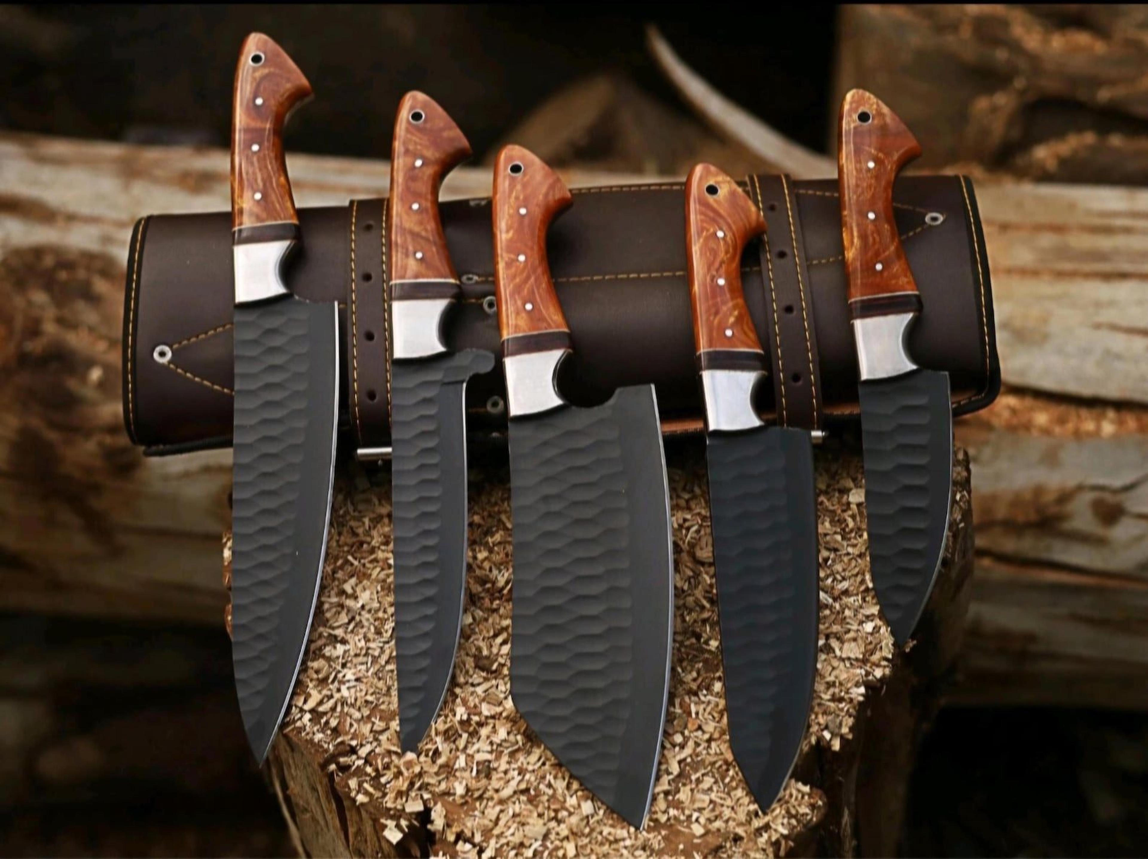 forged chef knife set (5 piece) | black hammered kitchen knives with wooden handles