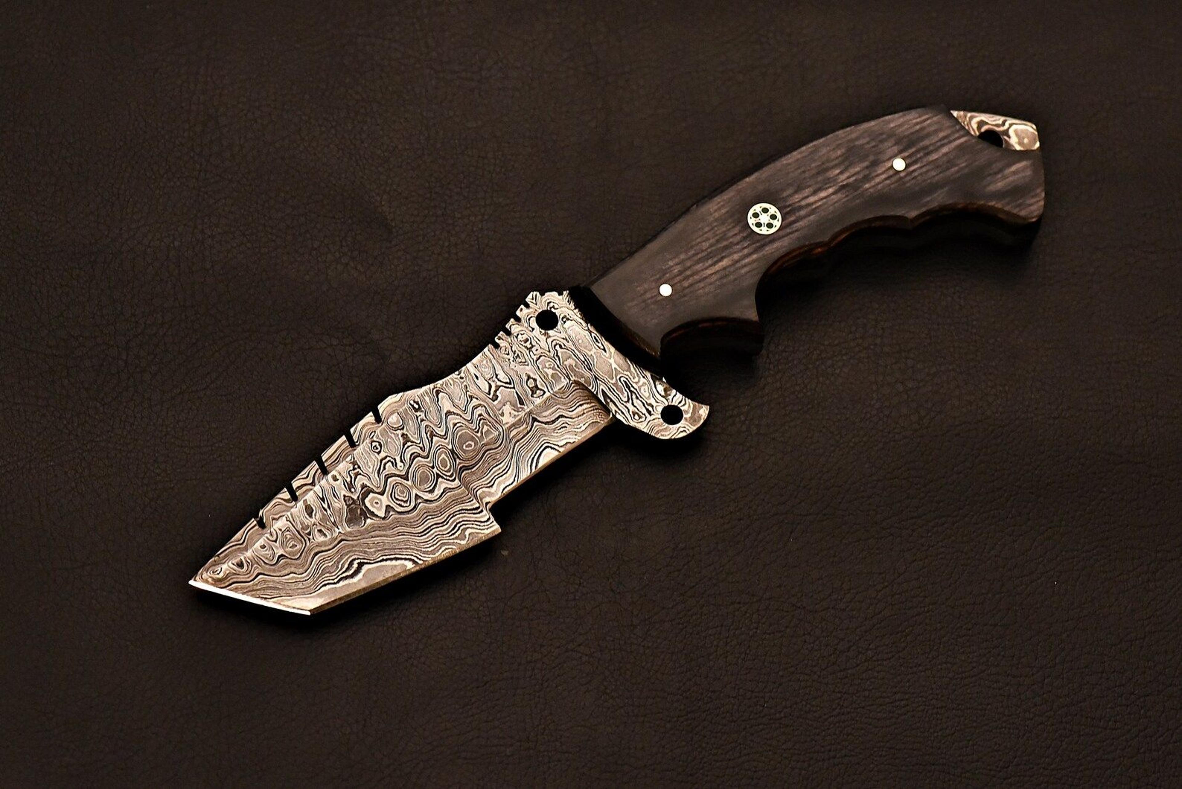 luxury handmade damascus tracker | gray wood handle collectible knife