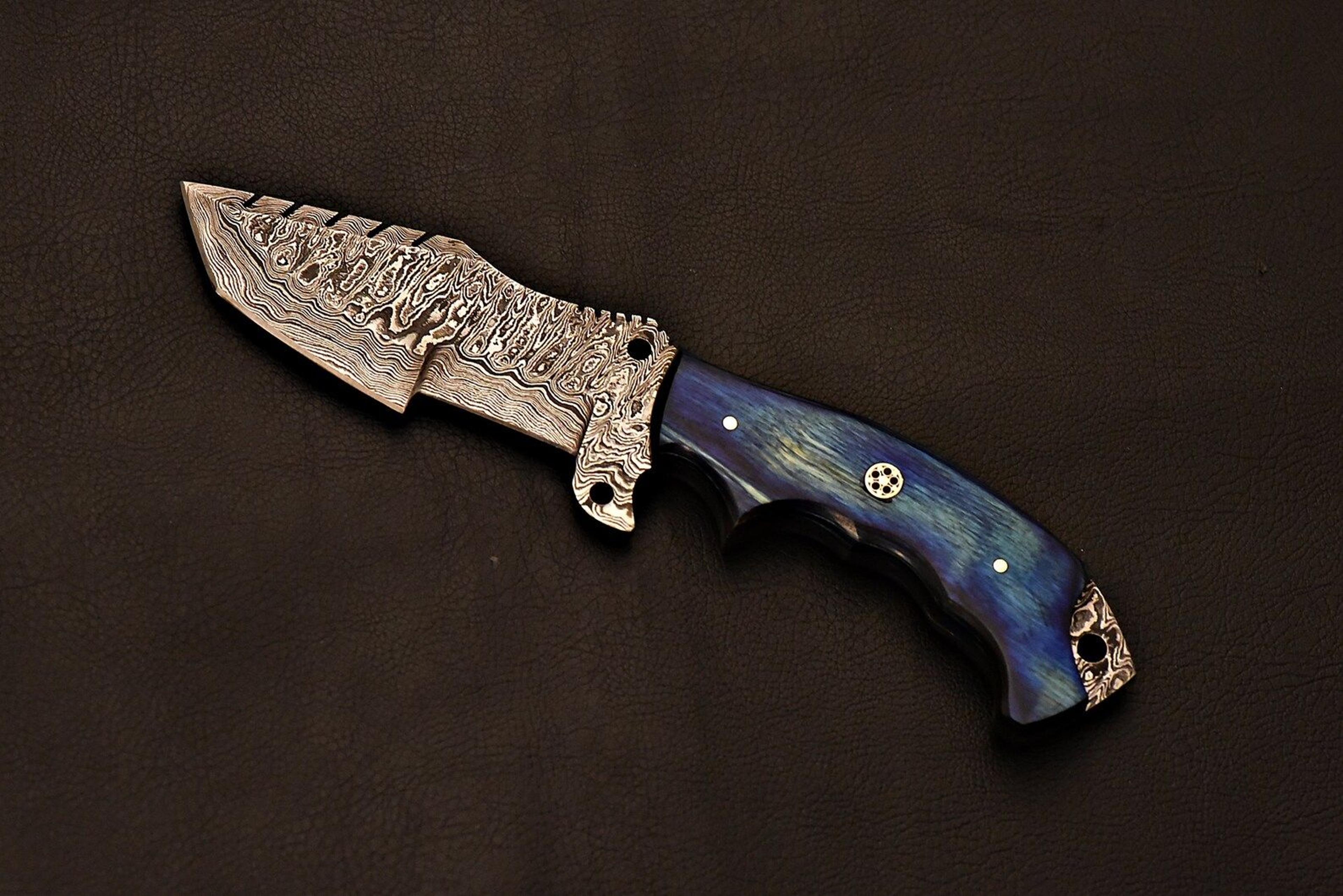 luxury handmade damascus tracker | blue wood handle collectible knife