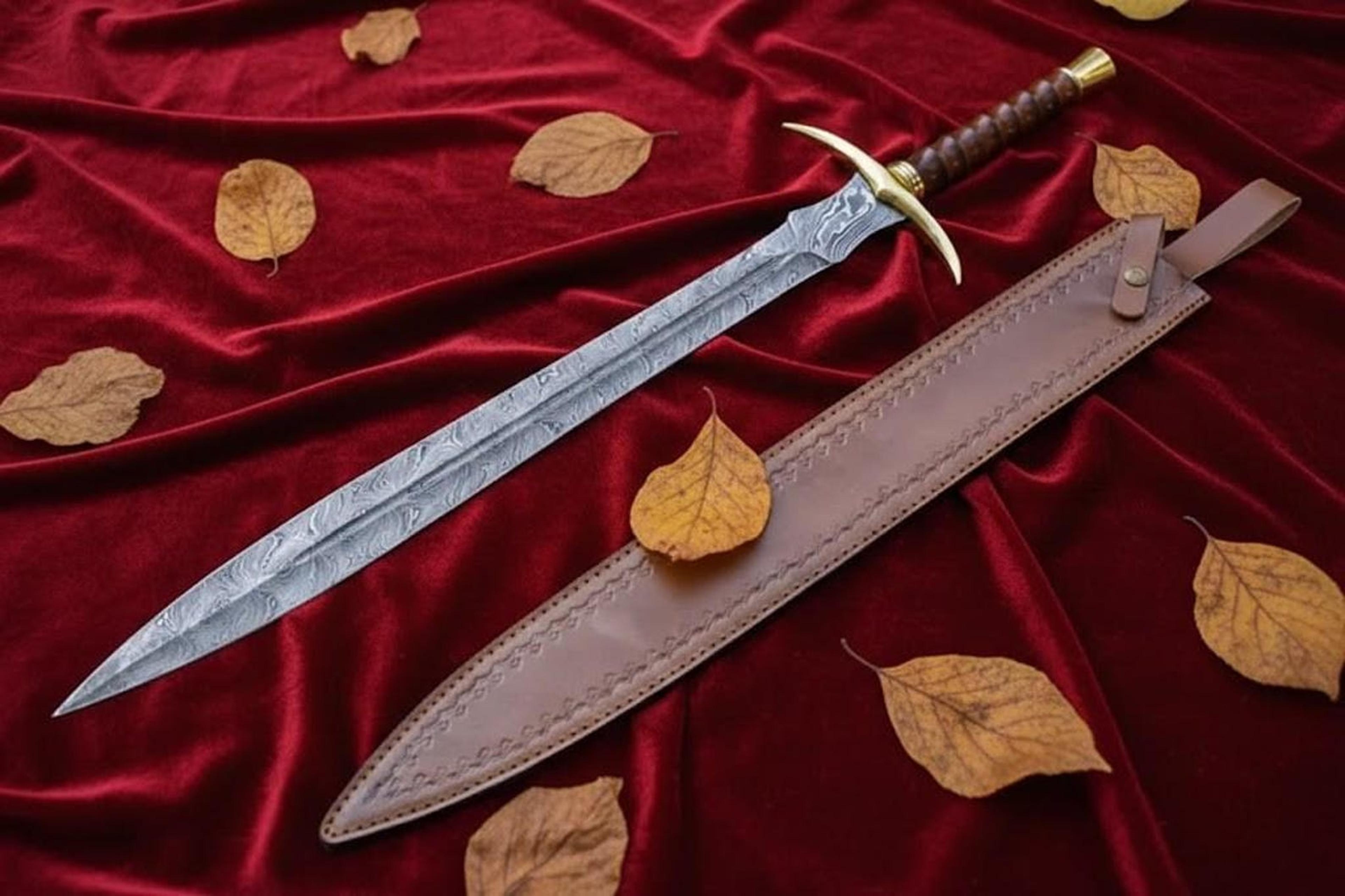 handmade damascus steel sword 35" rosewood handle with leather sheath collector gift