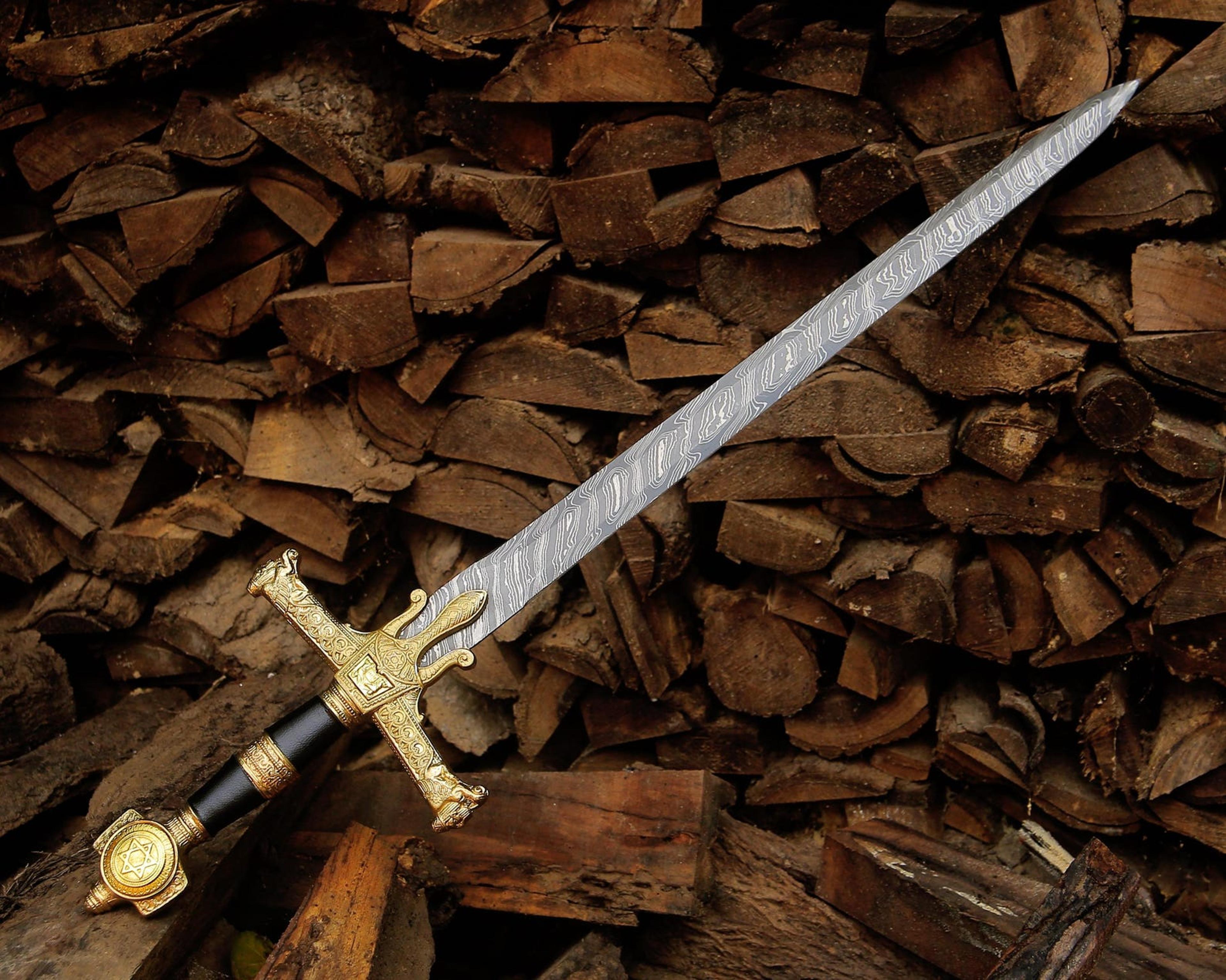 hand forged damascus steel medieval knight sword 36" gold hilt handmade collector blade