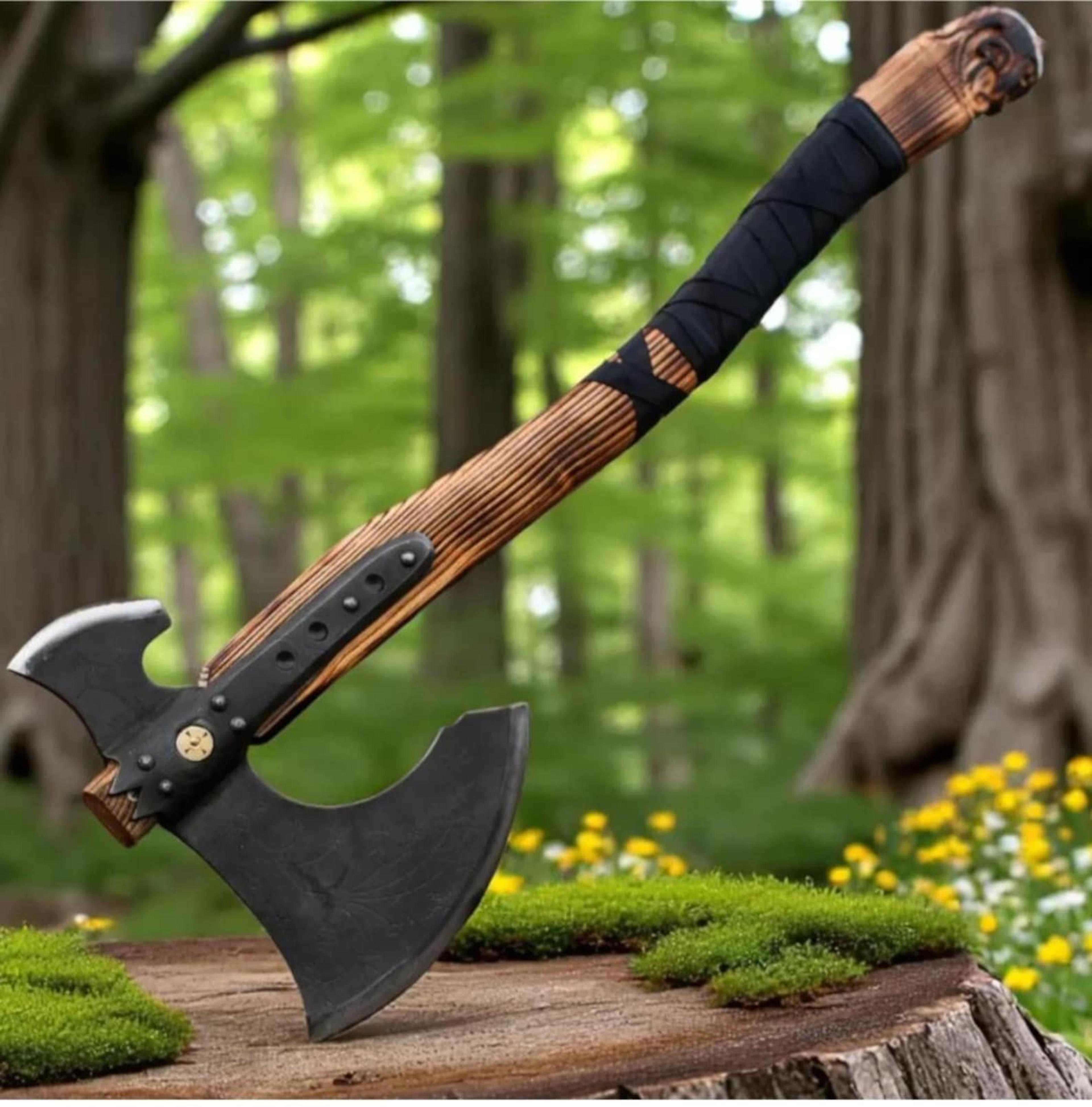 steel viking double blade axe carved wood handle collectible outdoor tool | double blade axe