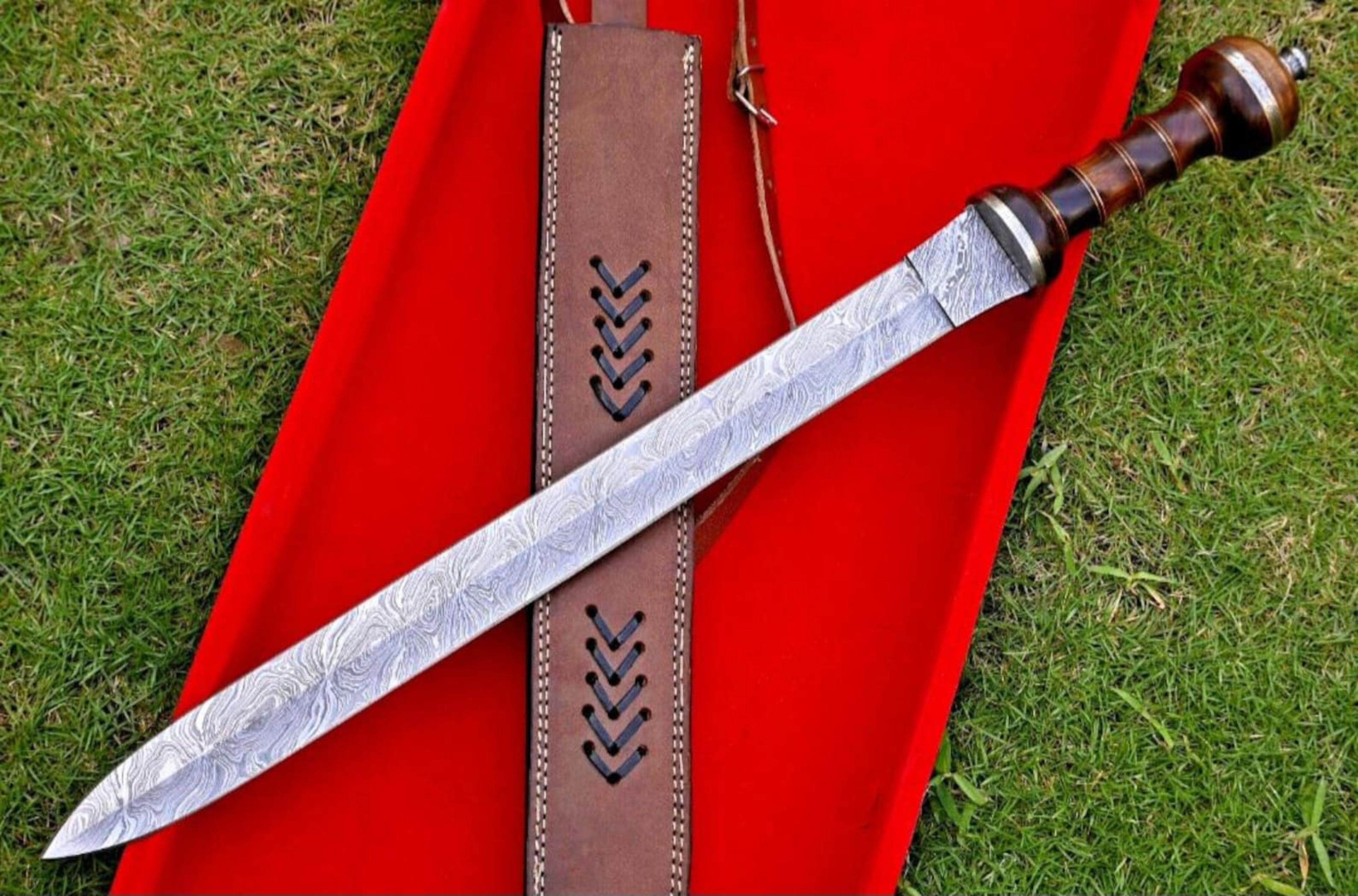 handmade damascus steel roman gladius sword medieval collectible blade with leather sheath