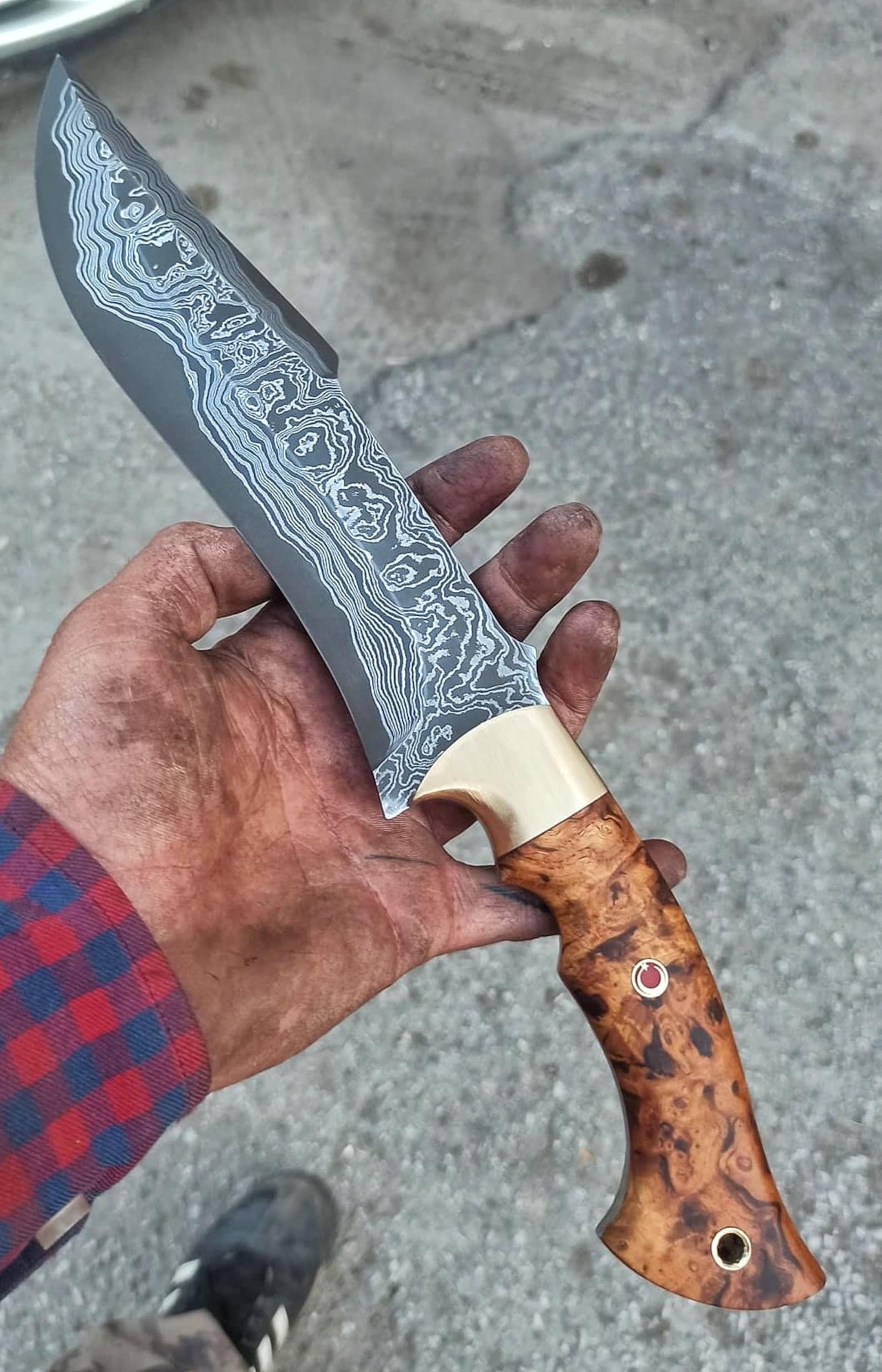 handmade damascus camping knife – chestnut wood handle outdoor survival blade