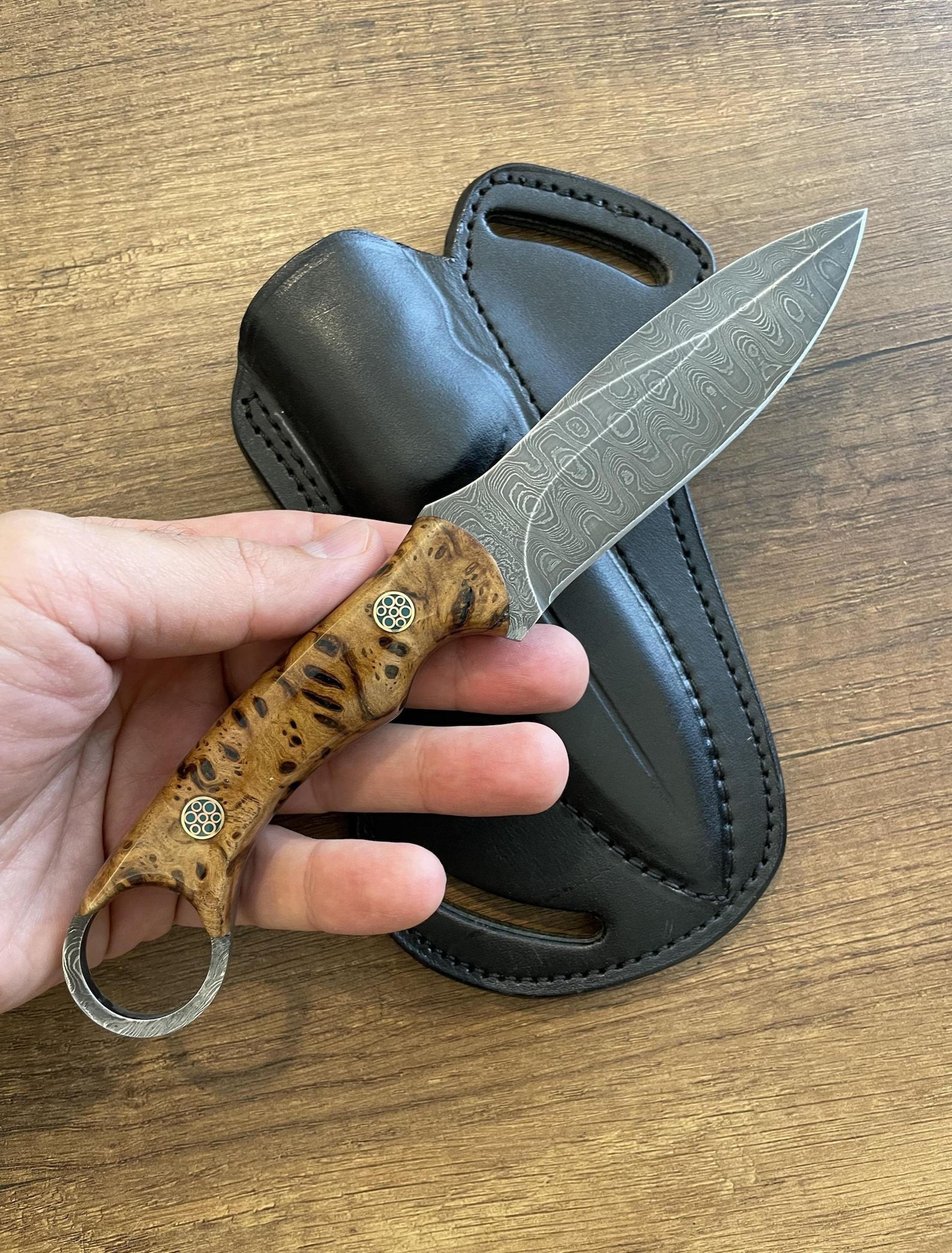 damascus hunting edc knife with chestnut wood handle & leather sheath