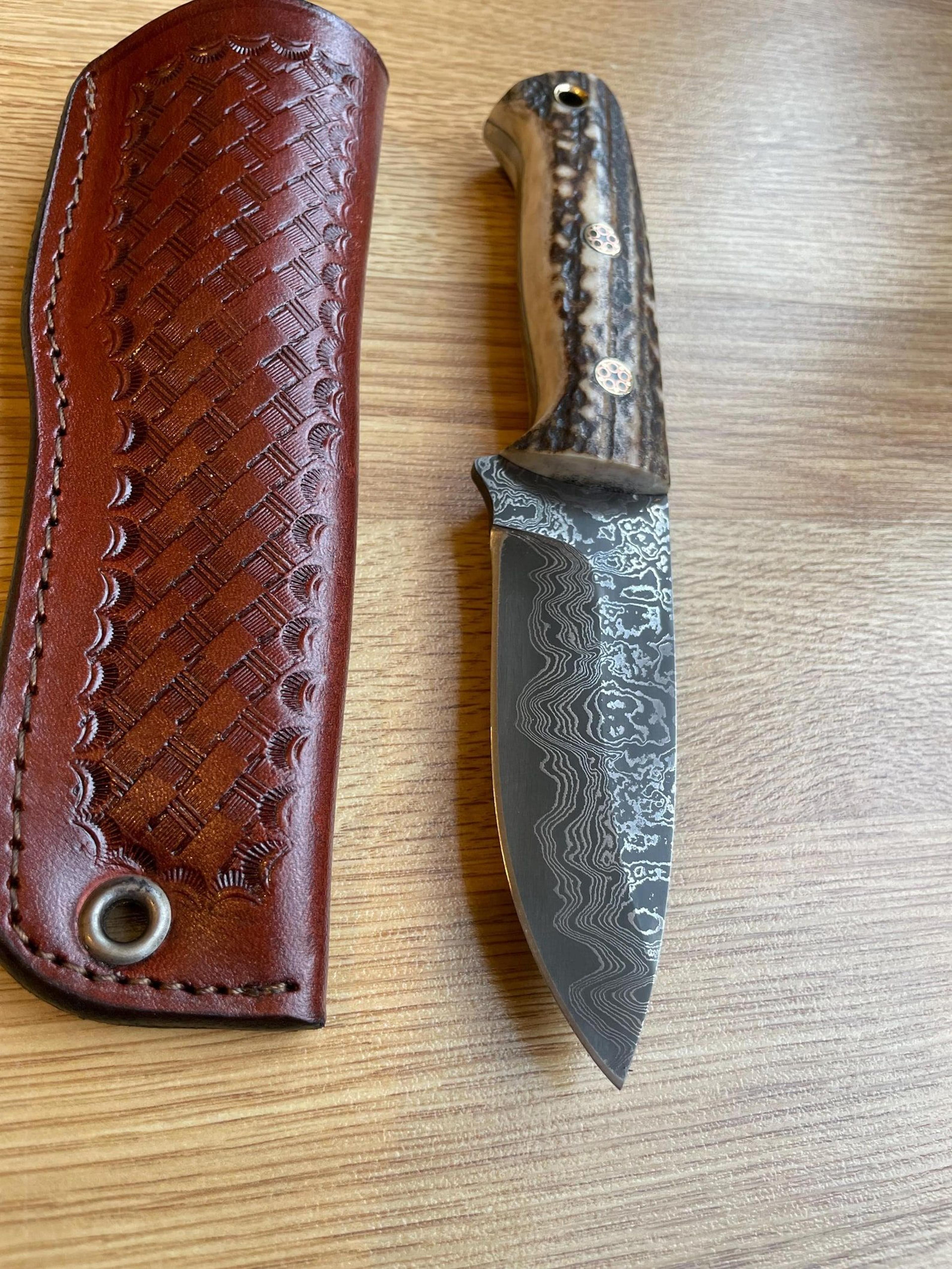 damascus camping survival knife with stag horn handle & leather sheath