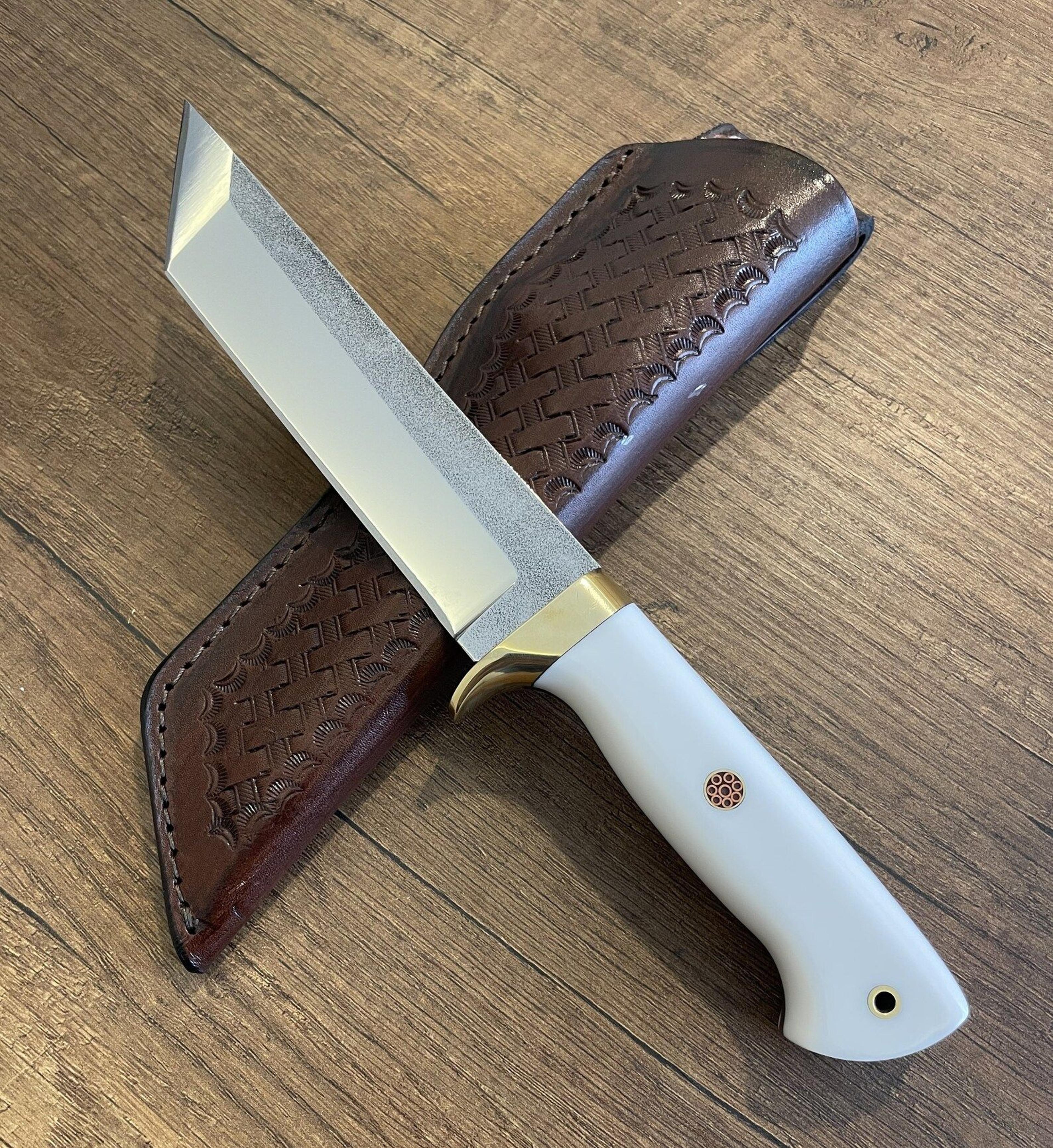 premium full tang camping knife with n690 steel & white corian grip