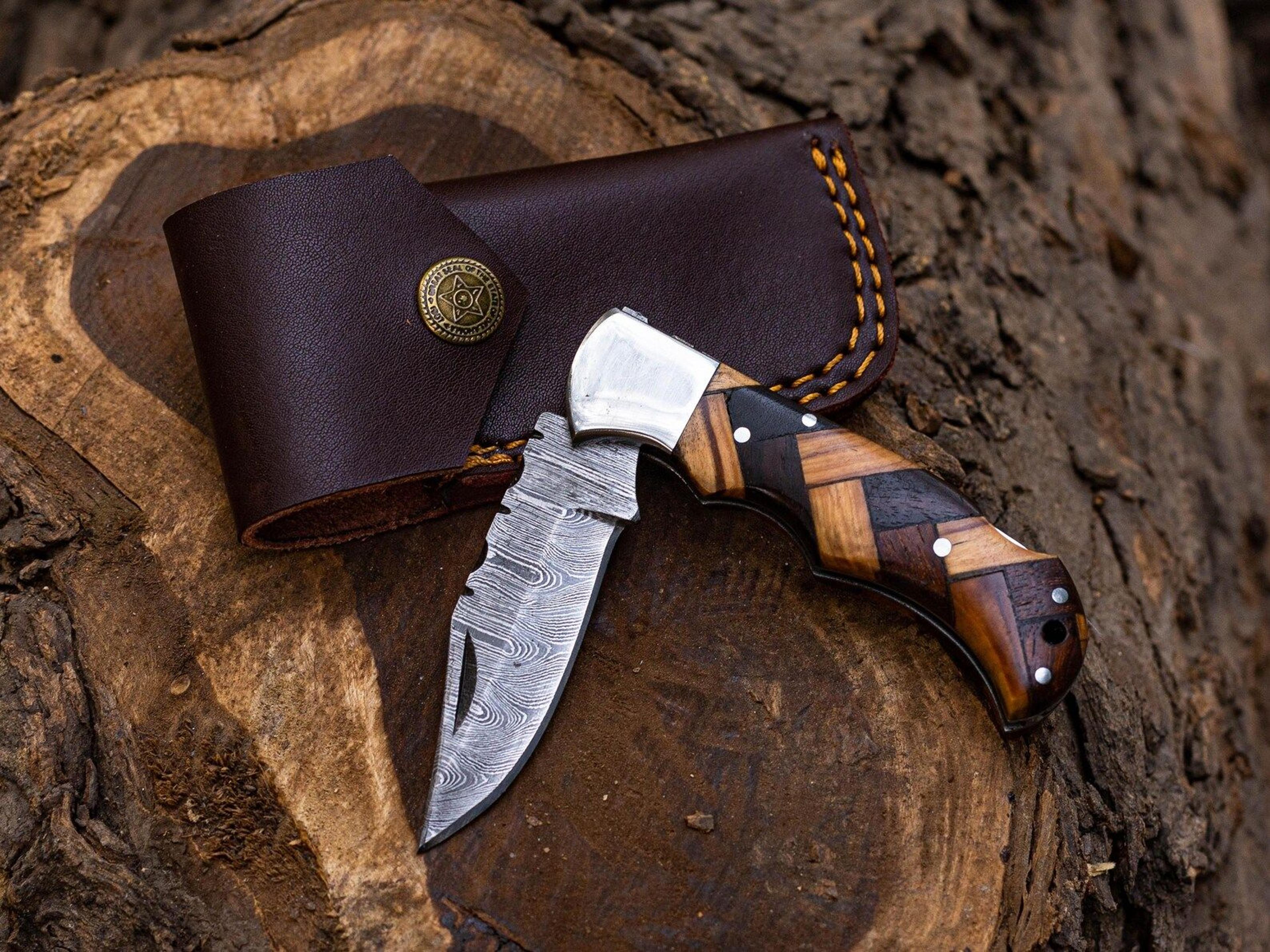 premium damascus steel pocket knife rosewood handle back lock design