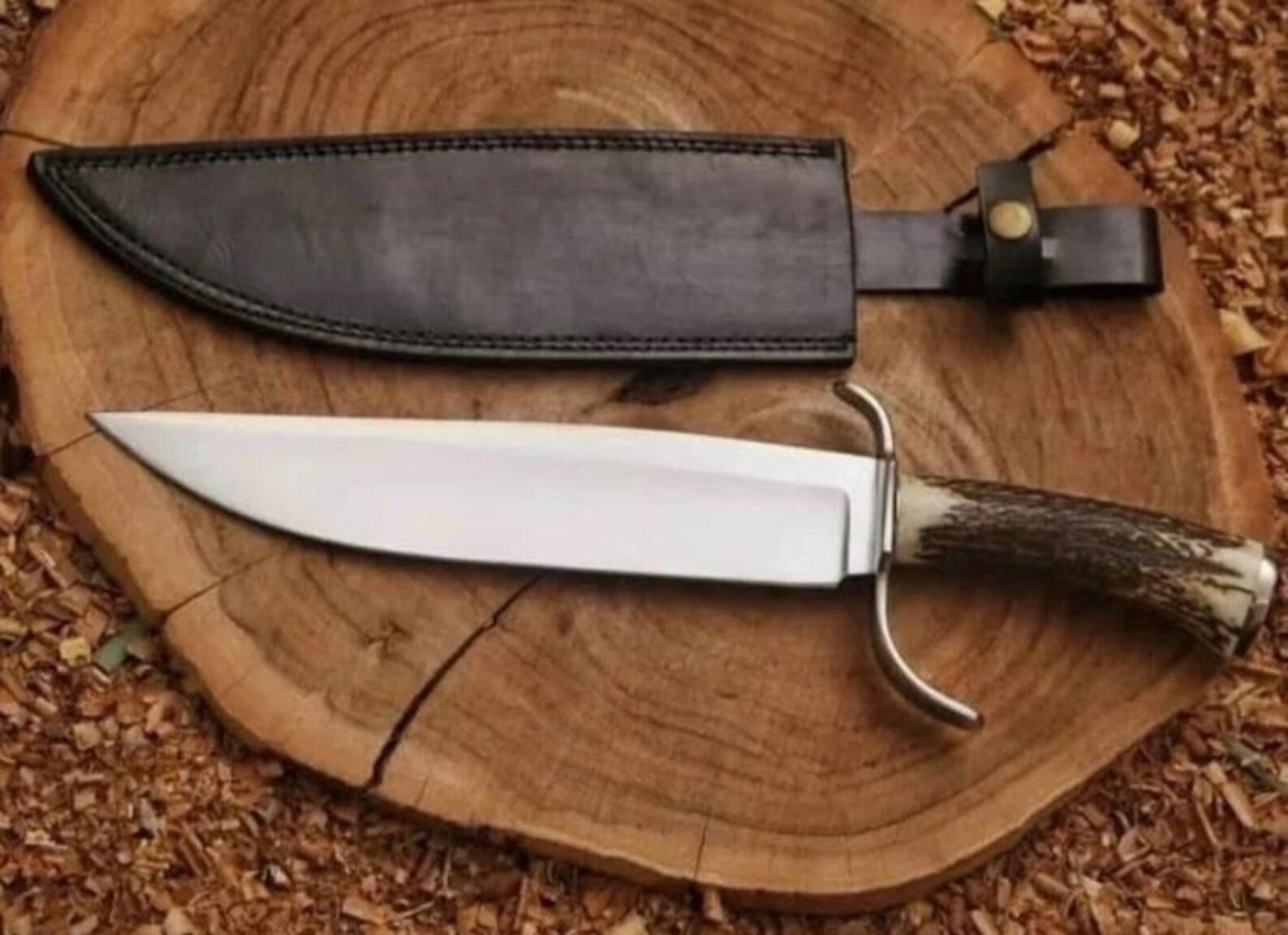 premium bowie hunting knife stag antler grip leather sheath collectible