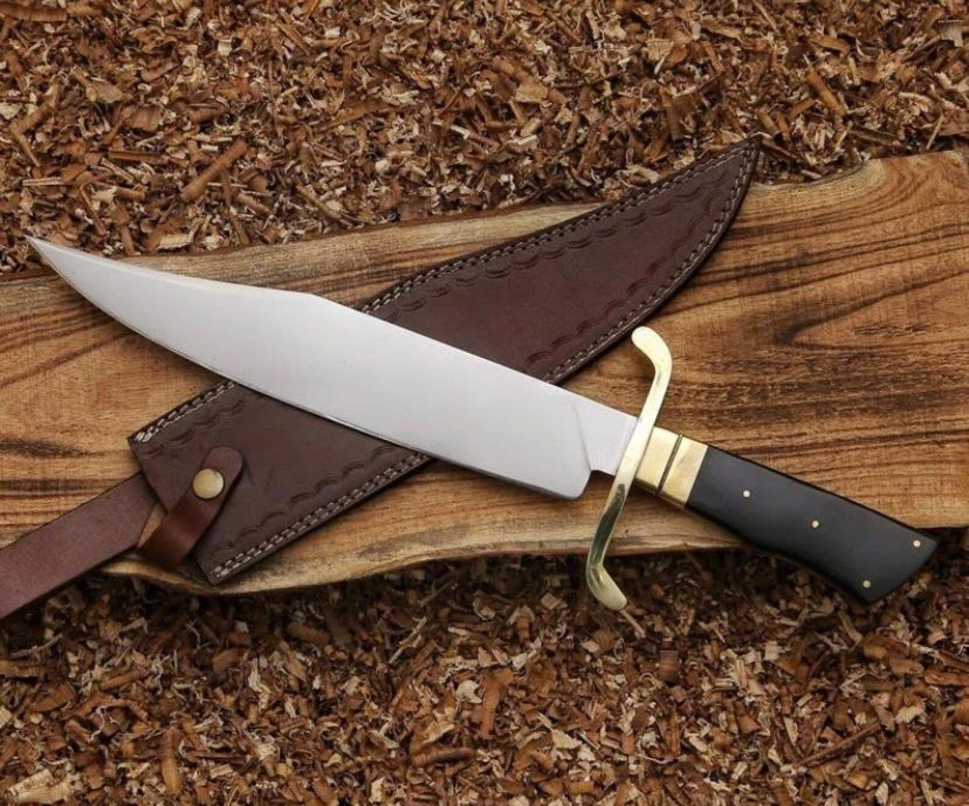 handcrafted fixed blade bowie hunting knife brass guard with leather sheath