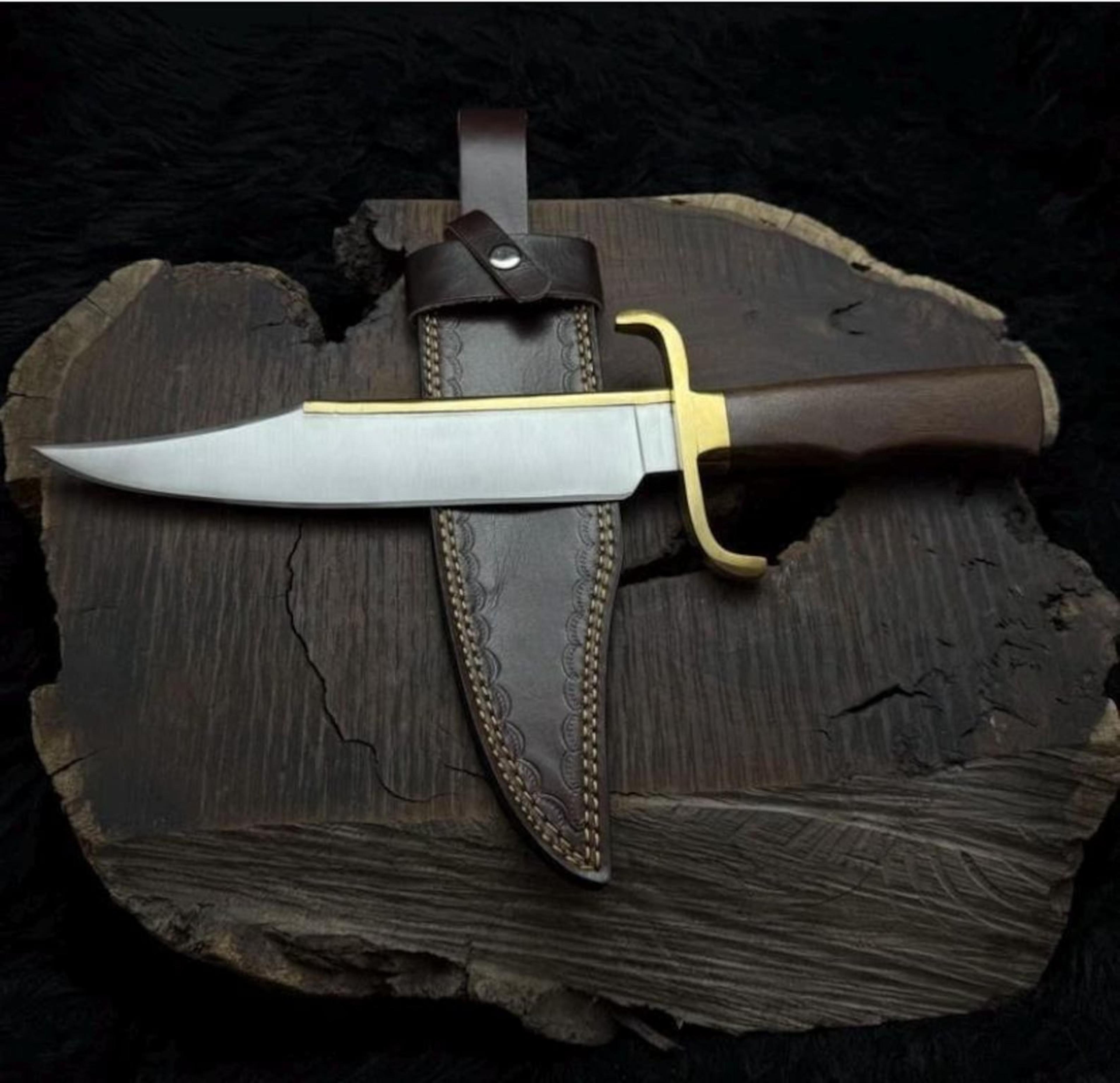 handcrafted bushcraft knife with wood handle & leather sheath outdoor tool