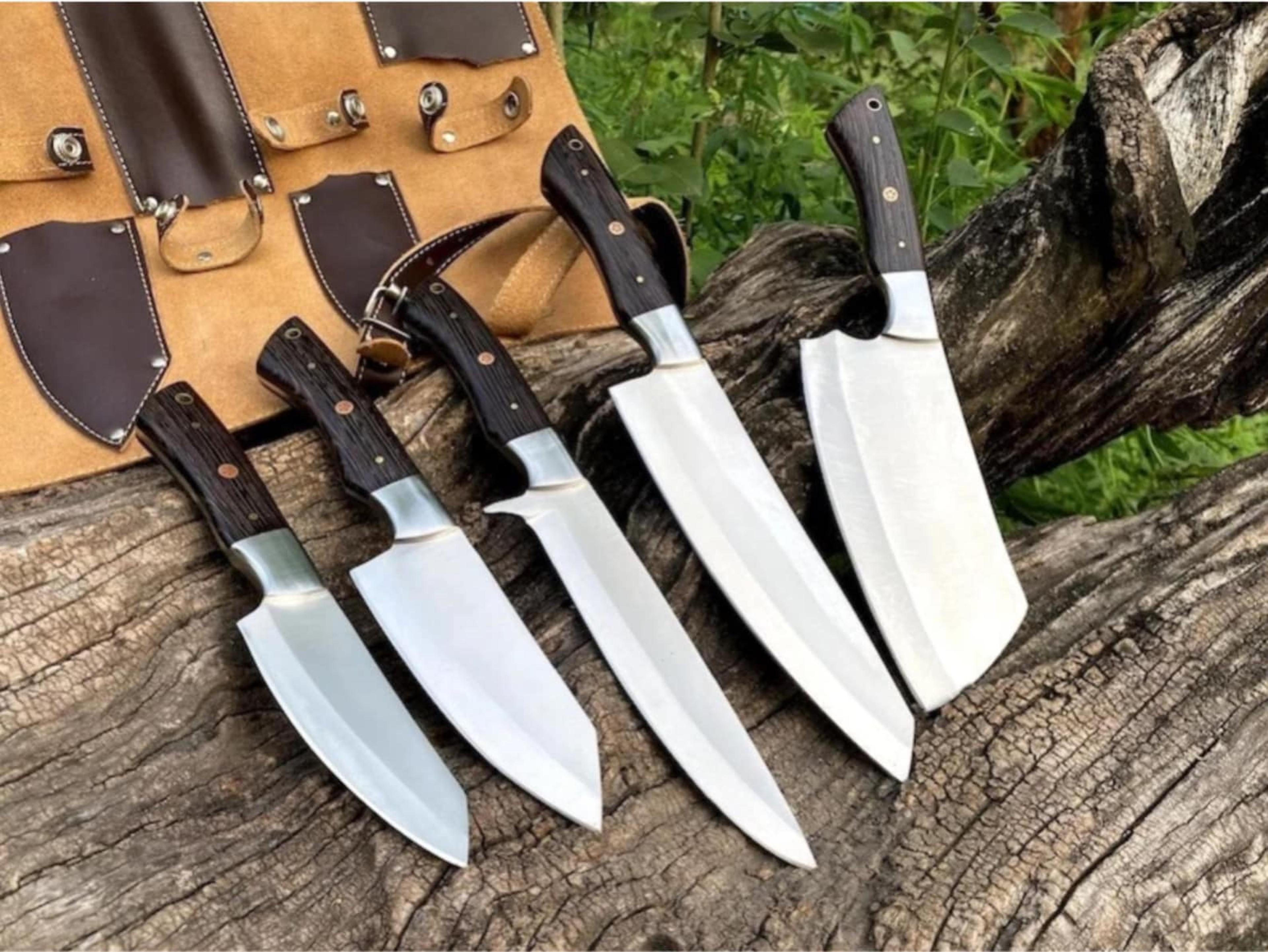 premium carbon steel chef knife set 5 piece culinary collection with leather roll