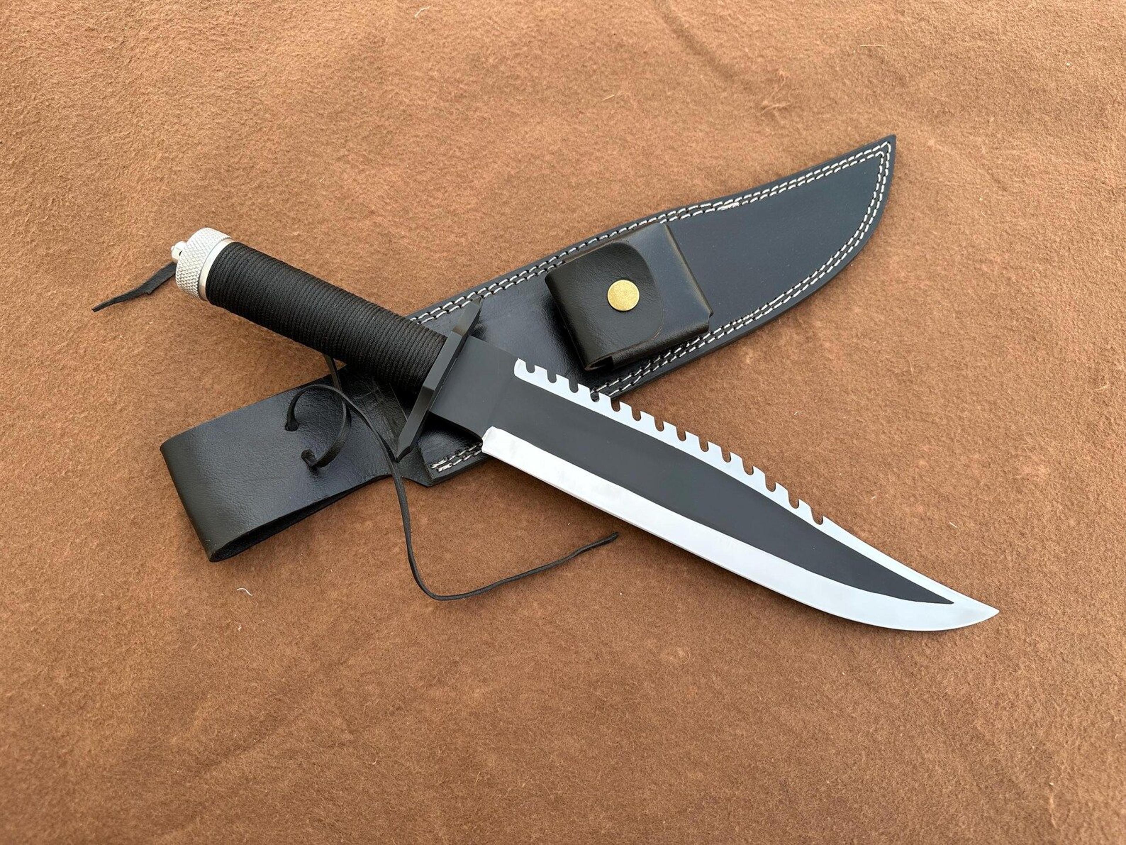 handmade d2 steel survival knife black cord handle leather sheath gift for outdoorsmen