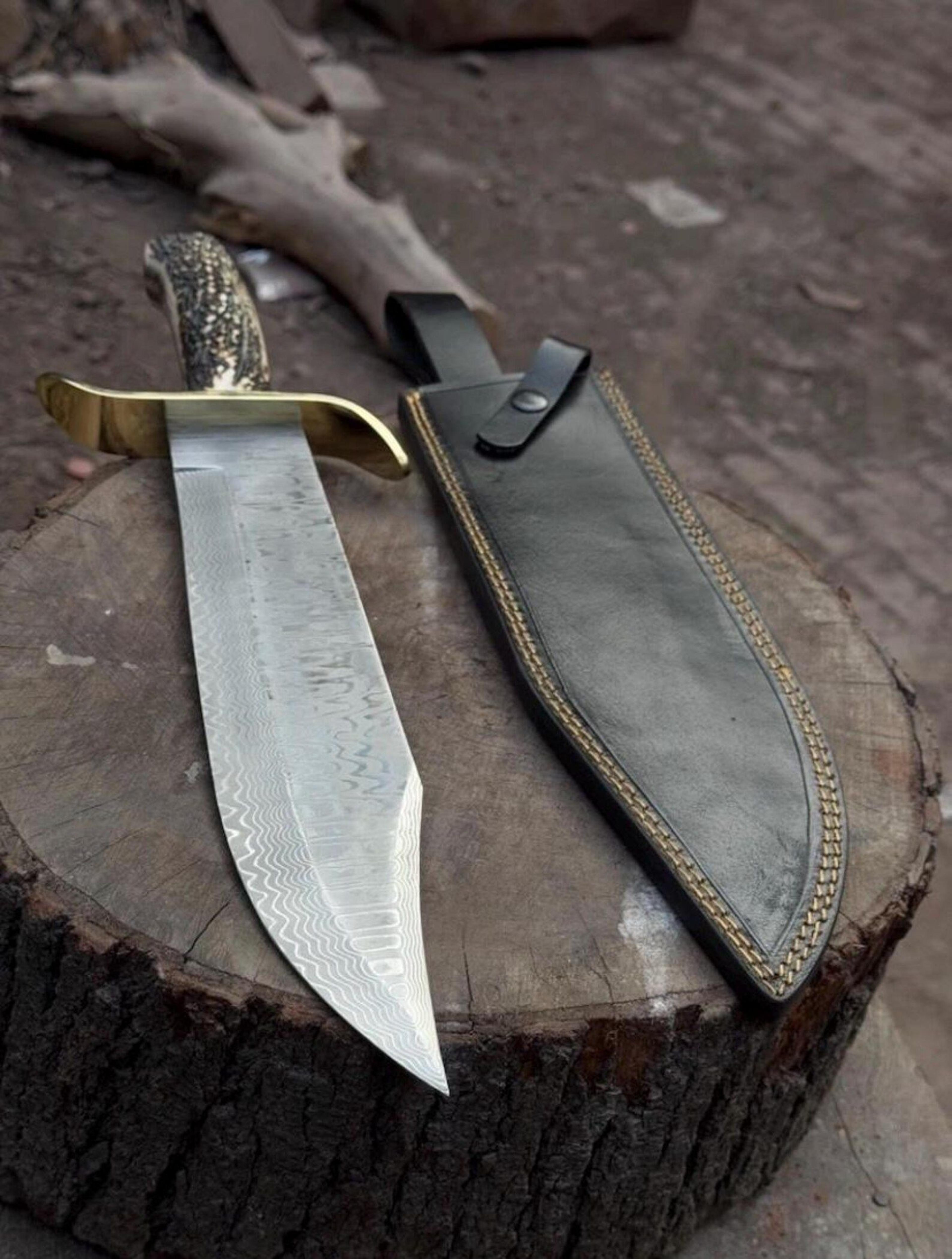 premium damascus bowie knife fixed blade stag horn grip leather sheath