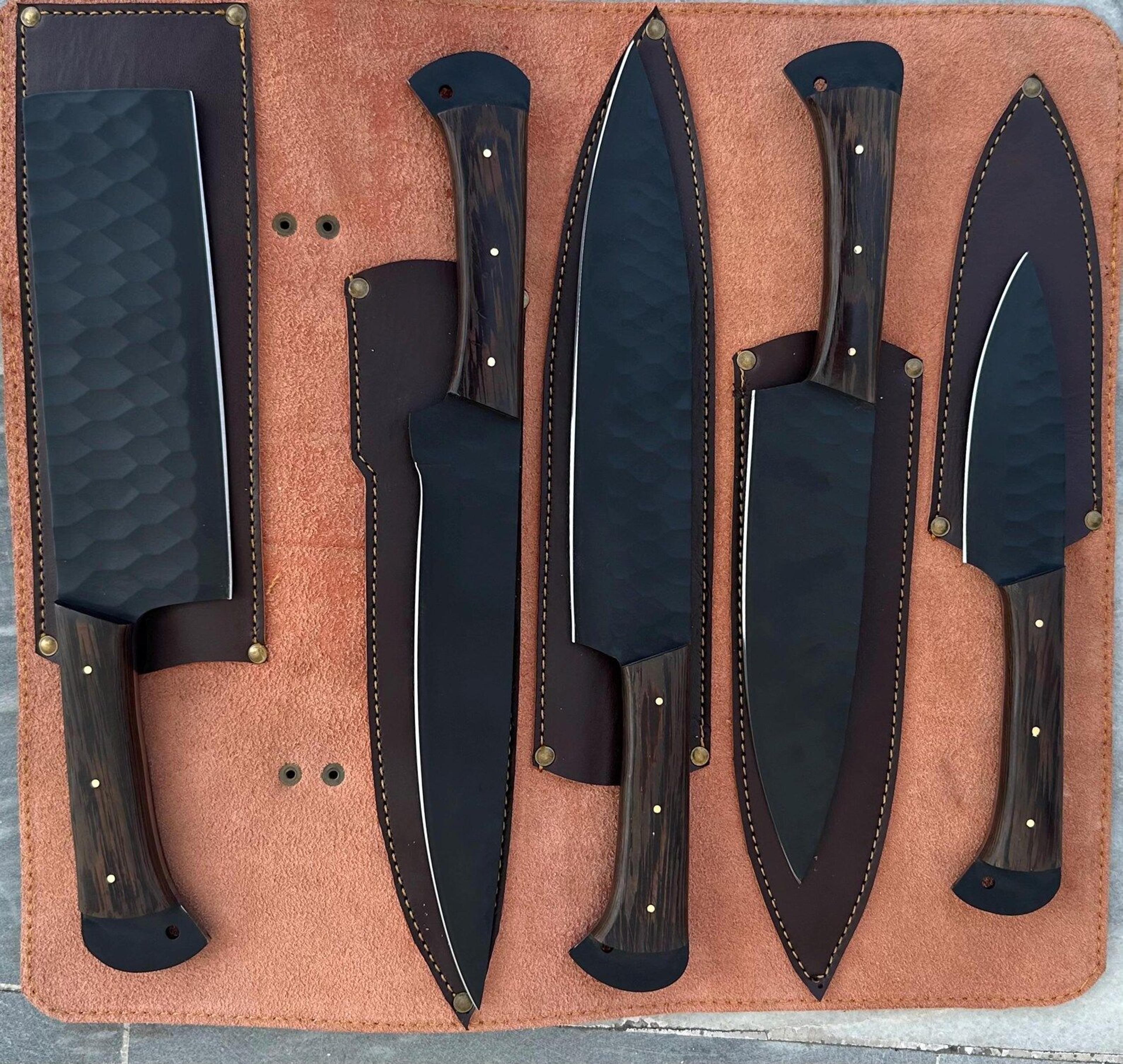 handcrafted forged steel knife set hammered finish collector collection