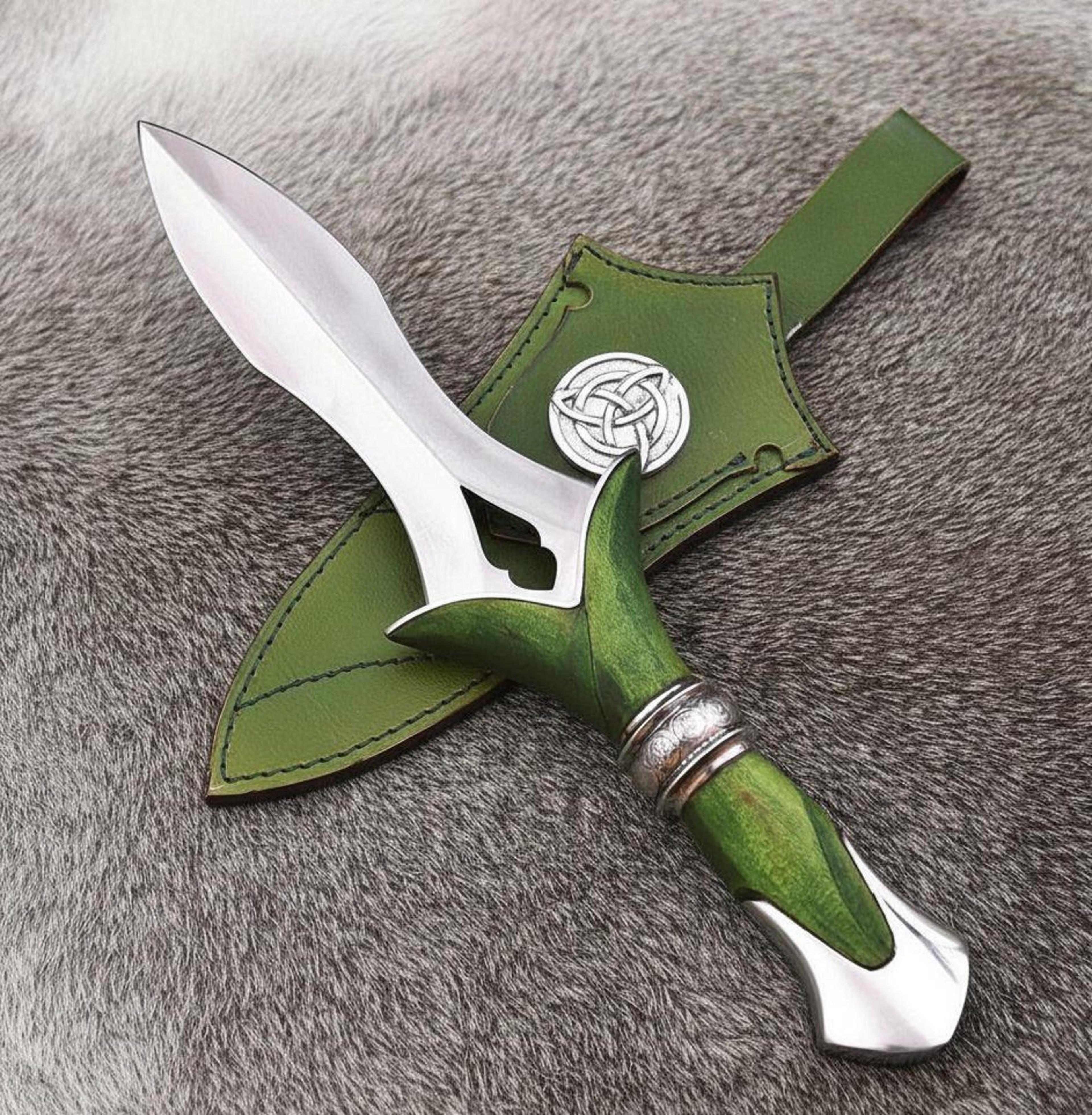 handmade celtic style fixed blade knife triquetra motif green sheath