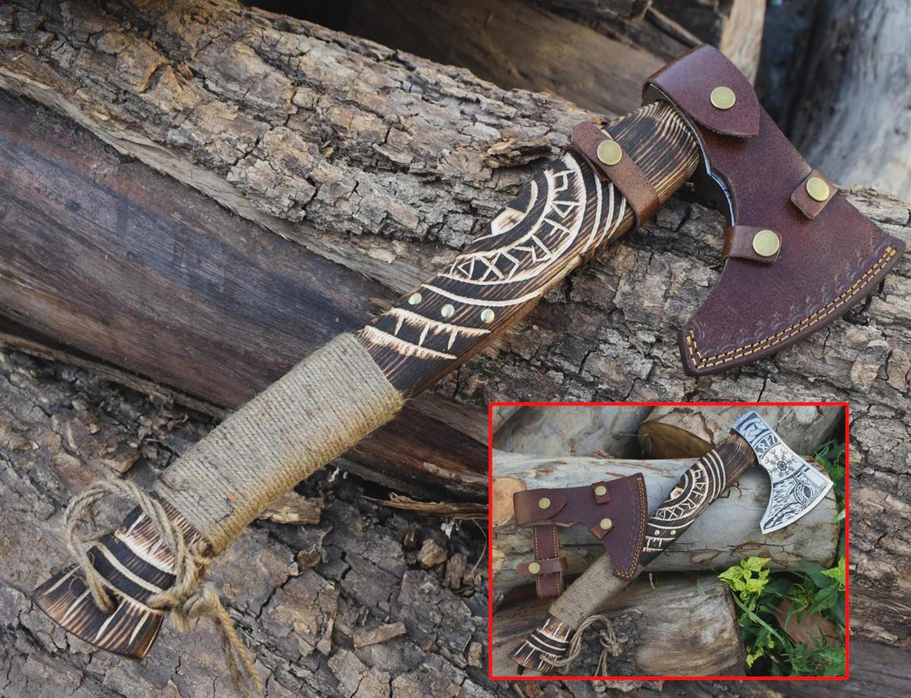 premium viking axe 18 inch high carbon steel norse engraved axe with wooden handle