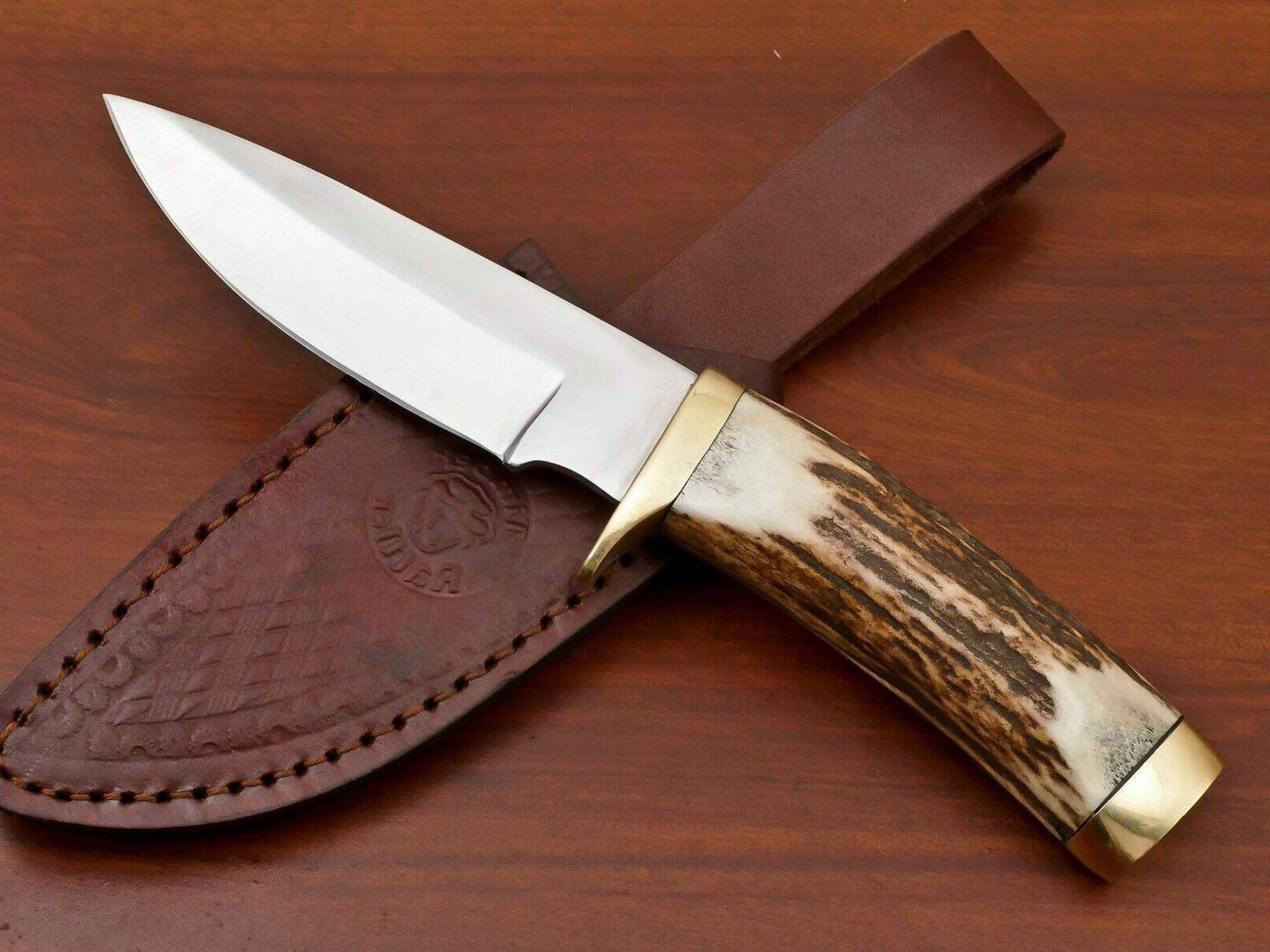 premium stag antler skinner knife stainless steel fixed blade hunting gift