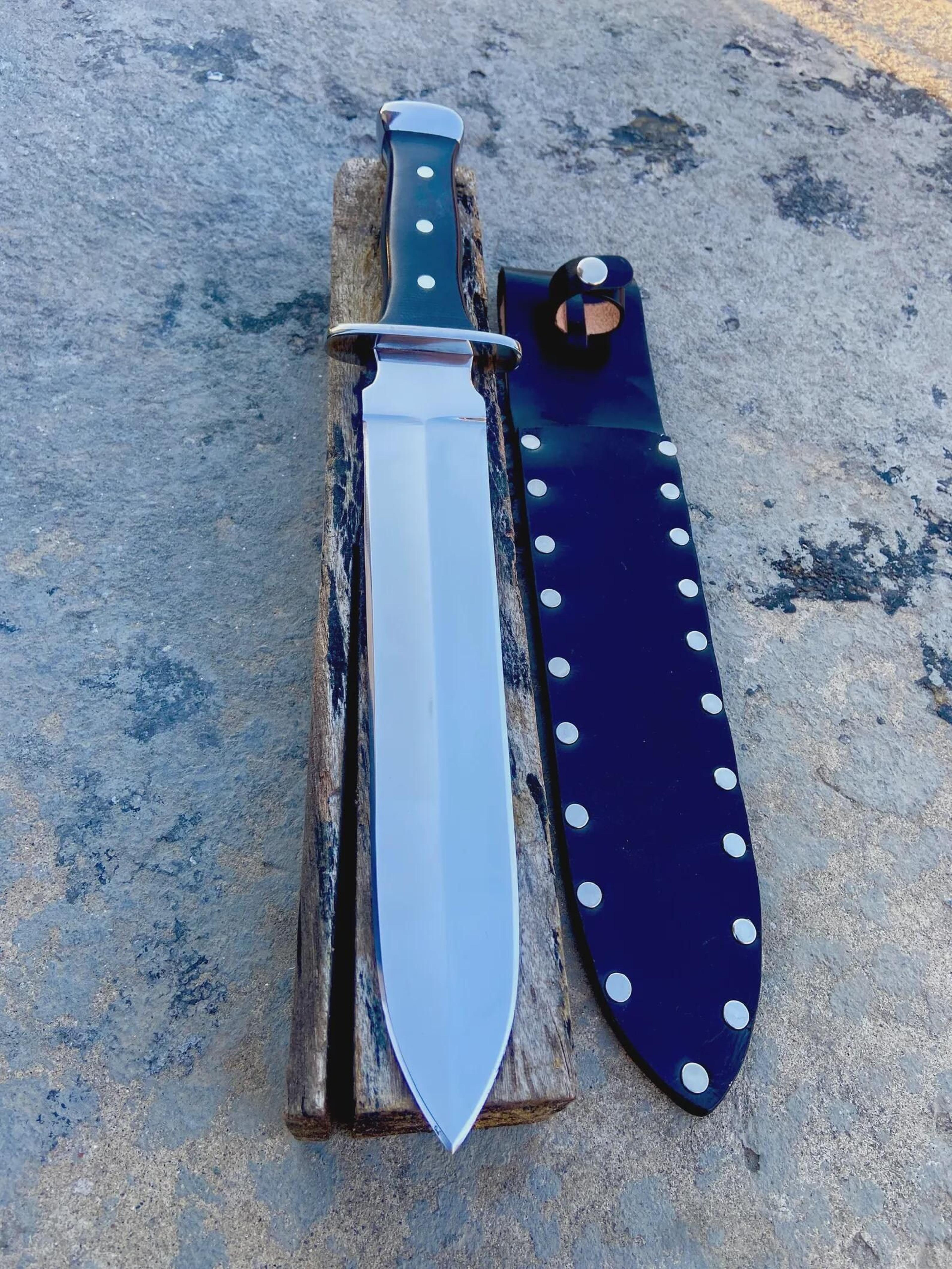 handmade carbon steel bowie knife with black micarta handle and leather sheath - perfect gift for hunters and outdoor