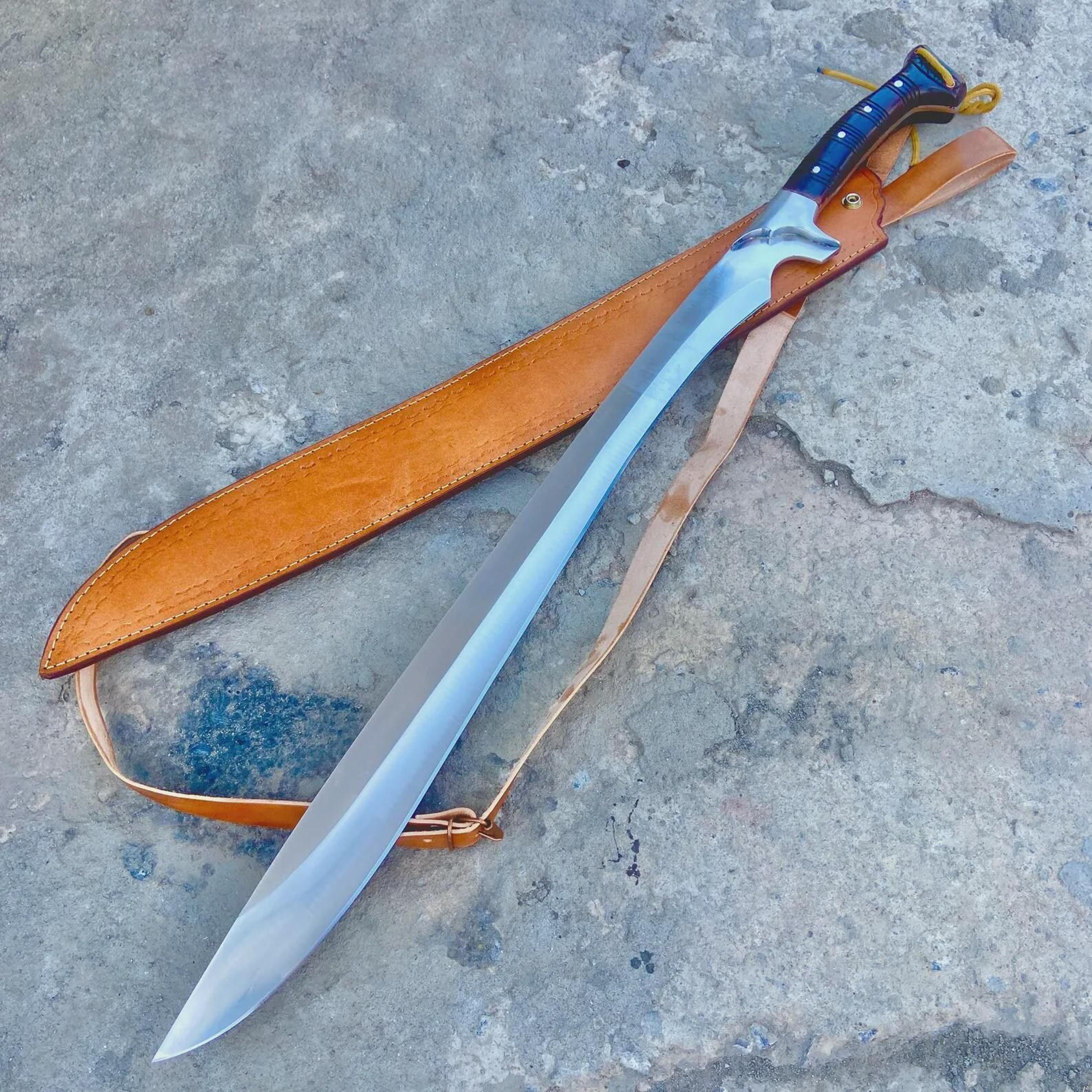 authentic handmade carbon steel viking machete sword with wooden handle and leather sheath