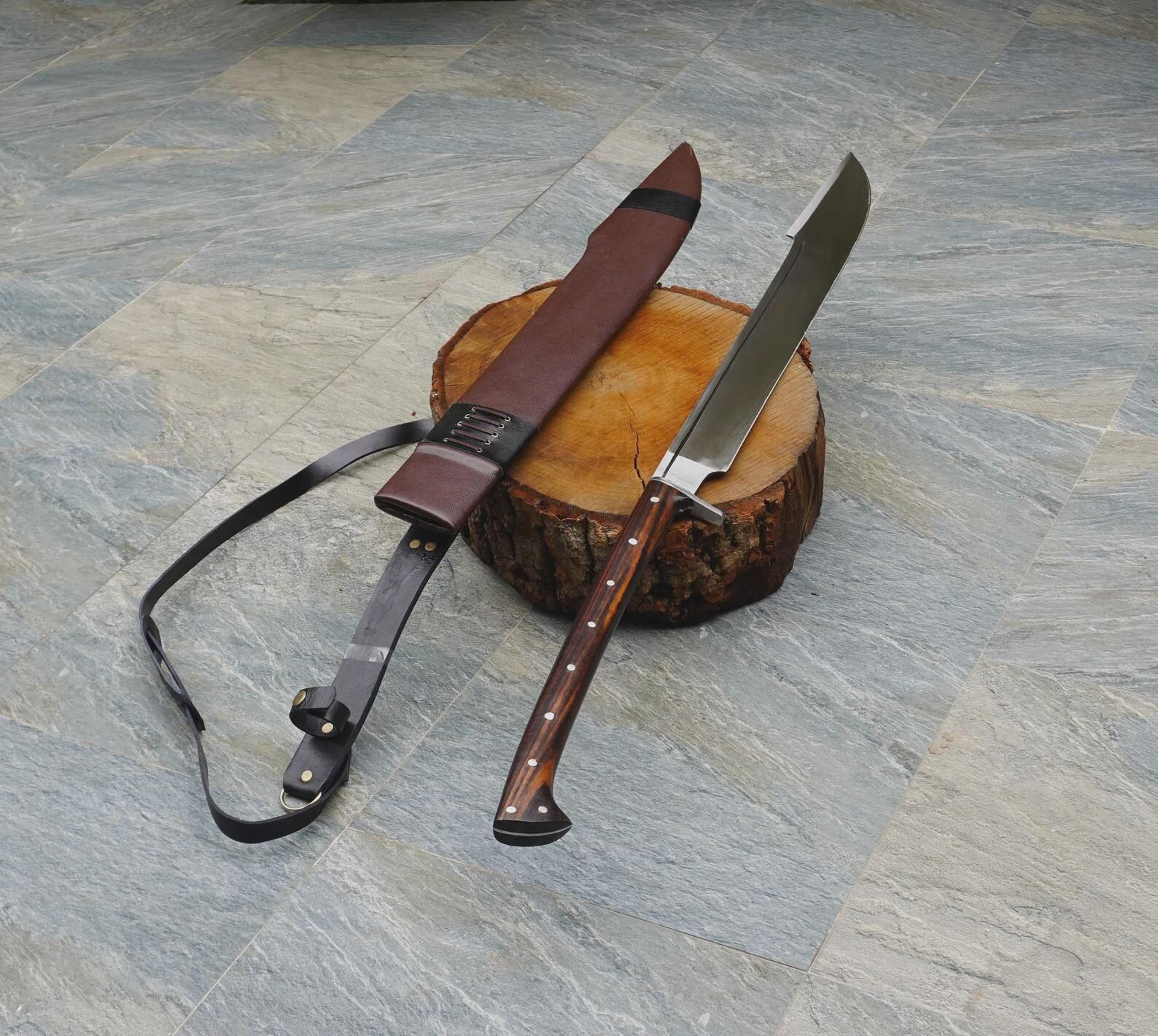 handcrafted double-edged carbon steel sword with leather sheath and himalayan heritage