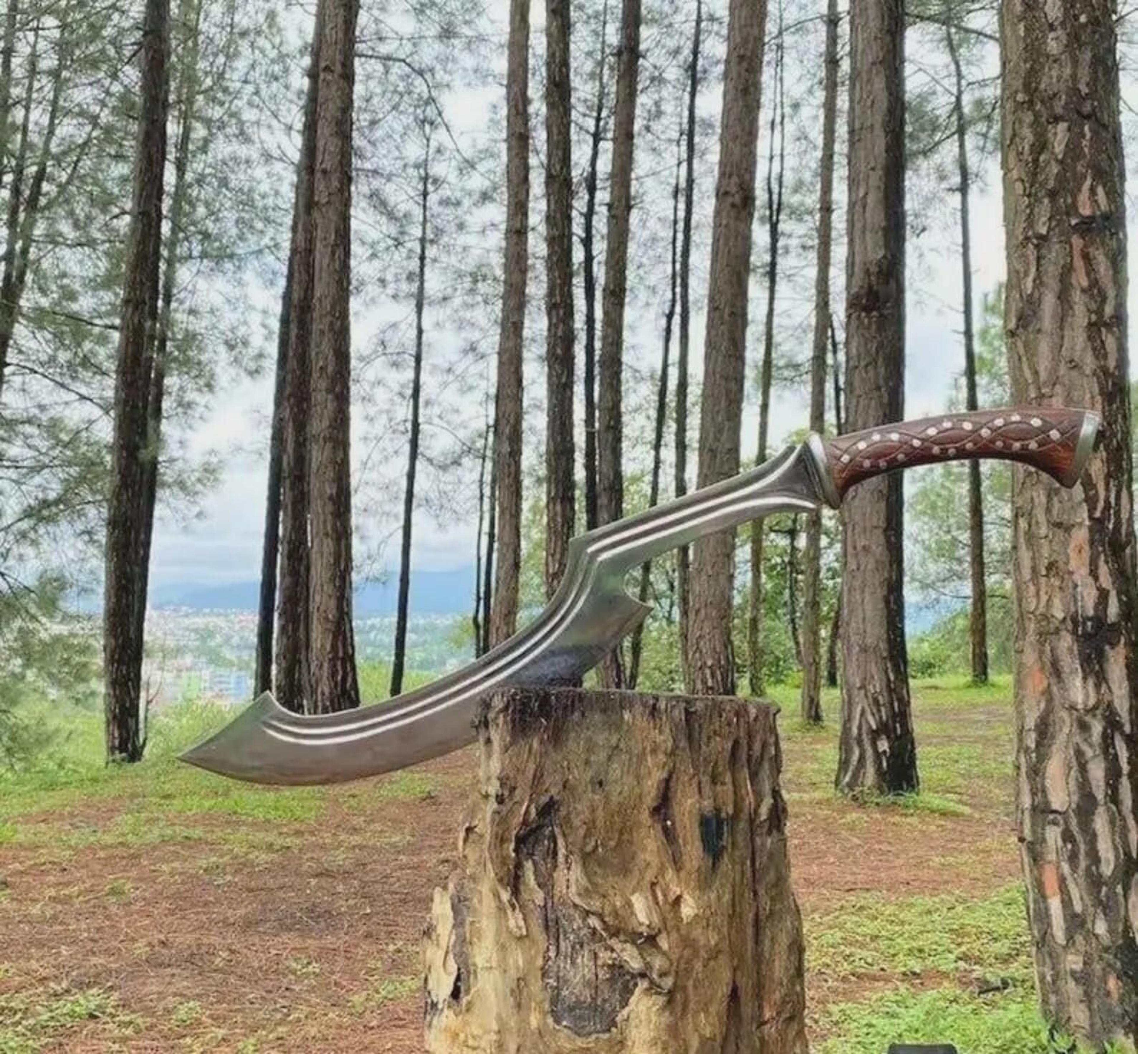 hand-forged khopesh blade machete knife - high-grade carbon steel curved blade with rosewood handle and cow leather shea