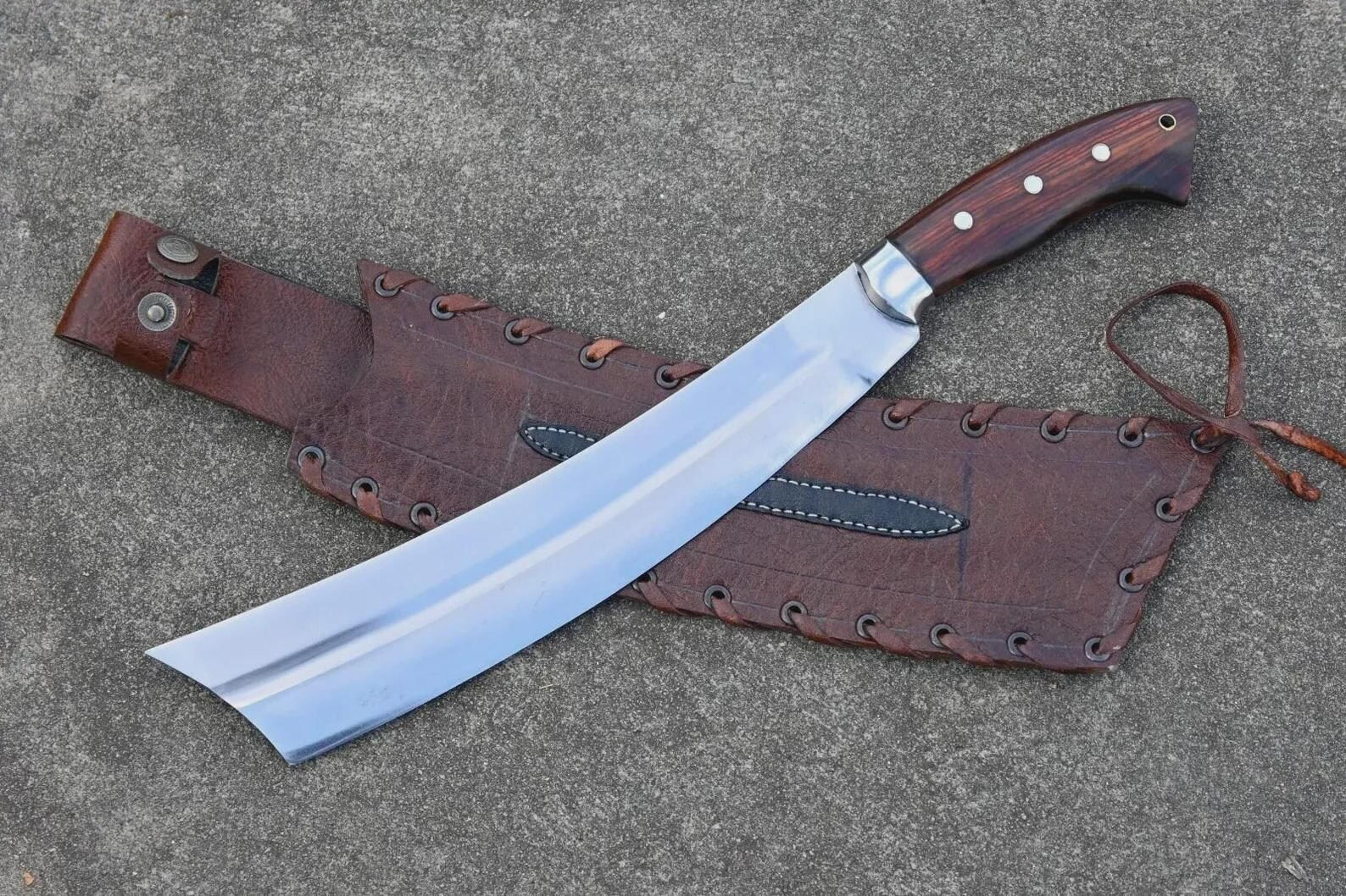hand-forged 5160 steel machete for hunting camping and bushcraft - full tang blade with handstitched leather sheath