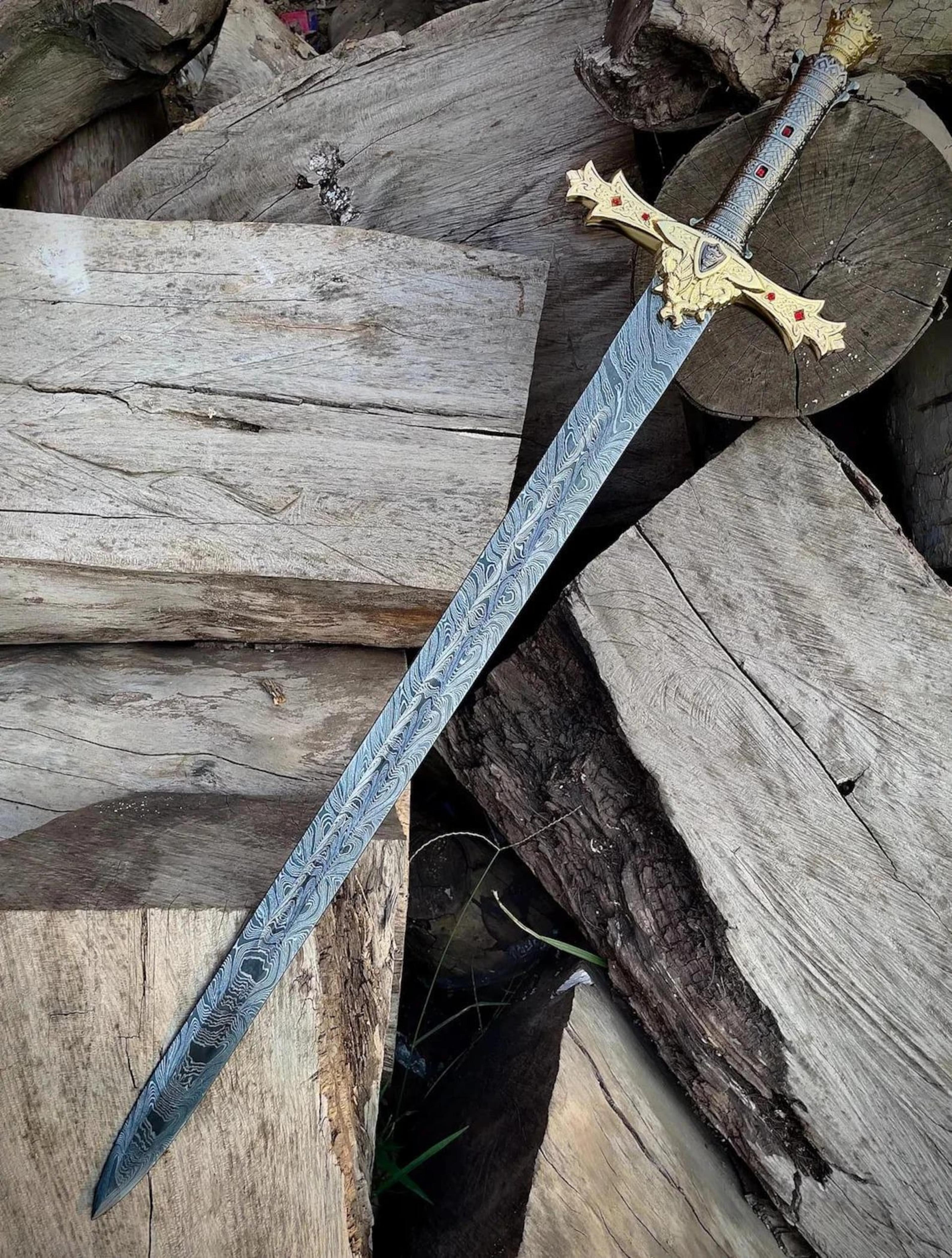 authentic handcrafted damascus steel templar knight swords with leather sheath for collectors, cosplay sword