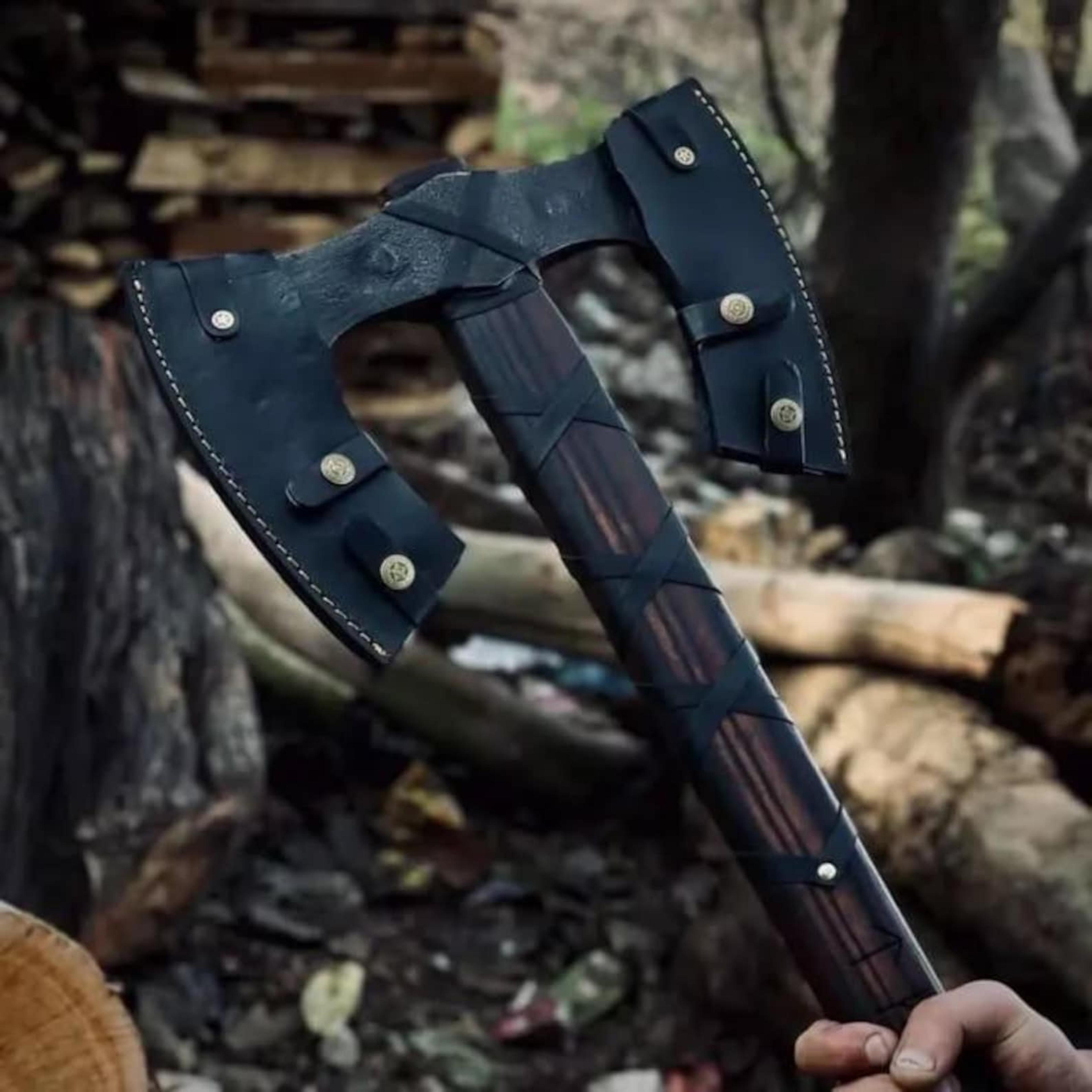 hand-forged viking battle axe - carbon steel, engraved ash handle, leather sheath for collectors,