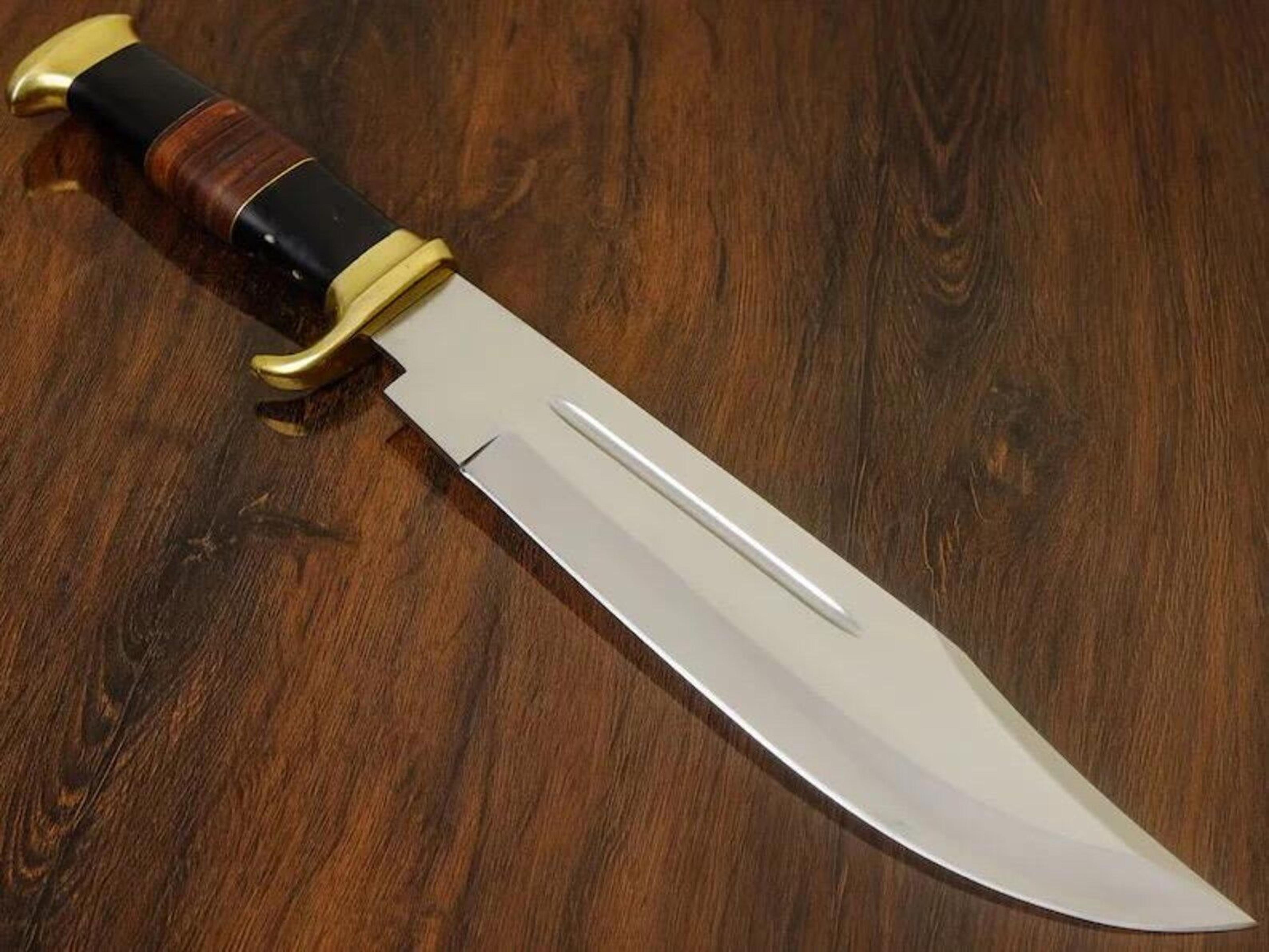 handcrafted bowie knife with leather sheath - full tang hunting knife - custom fixed blade survival knife