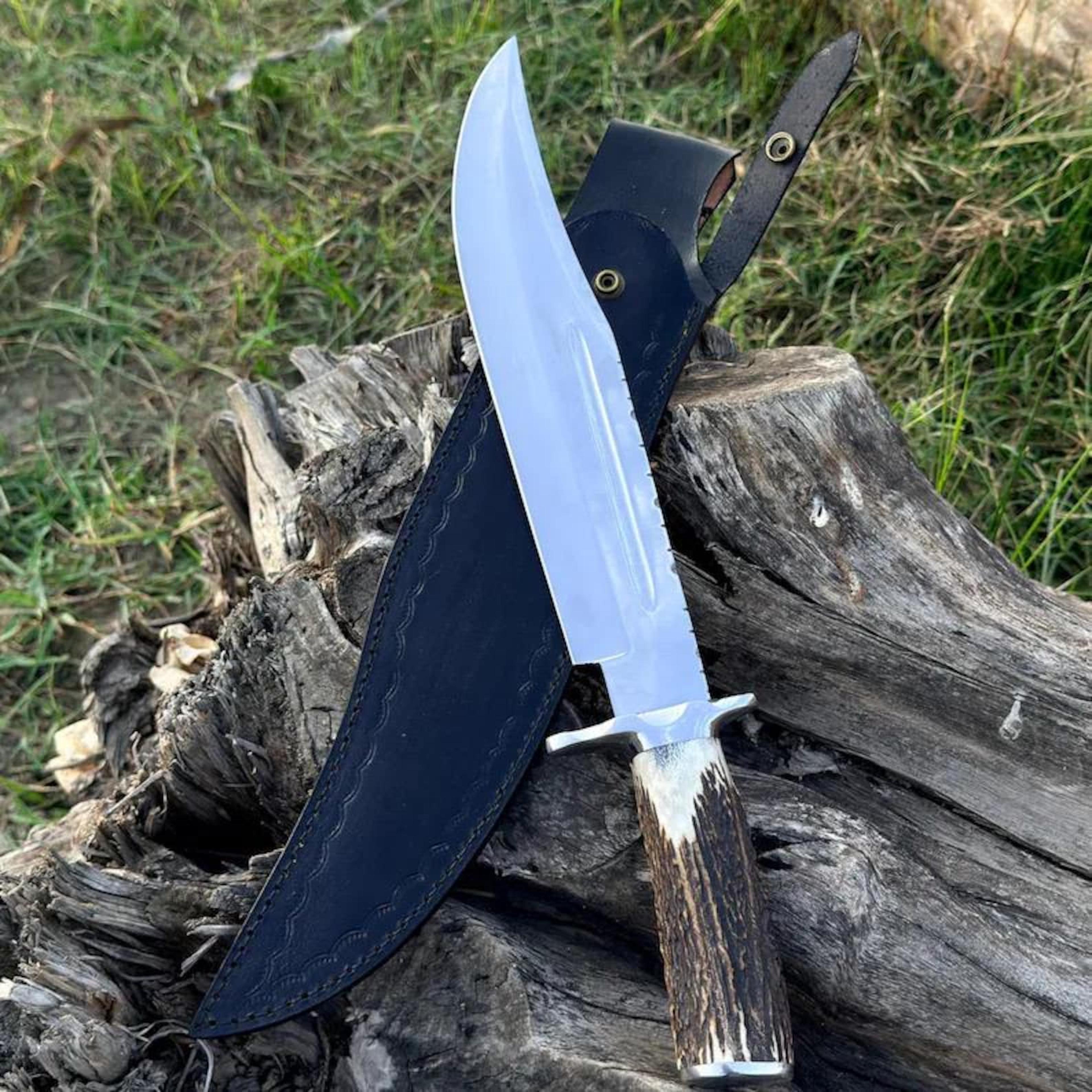 handcrafted bowie knife with polished stainless steel blade and natural antler handle - perfect for collectors