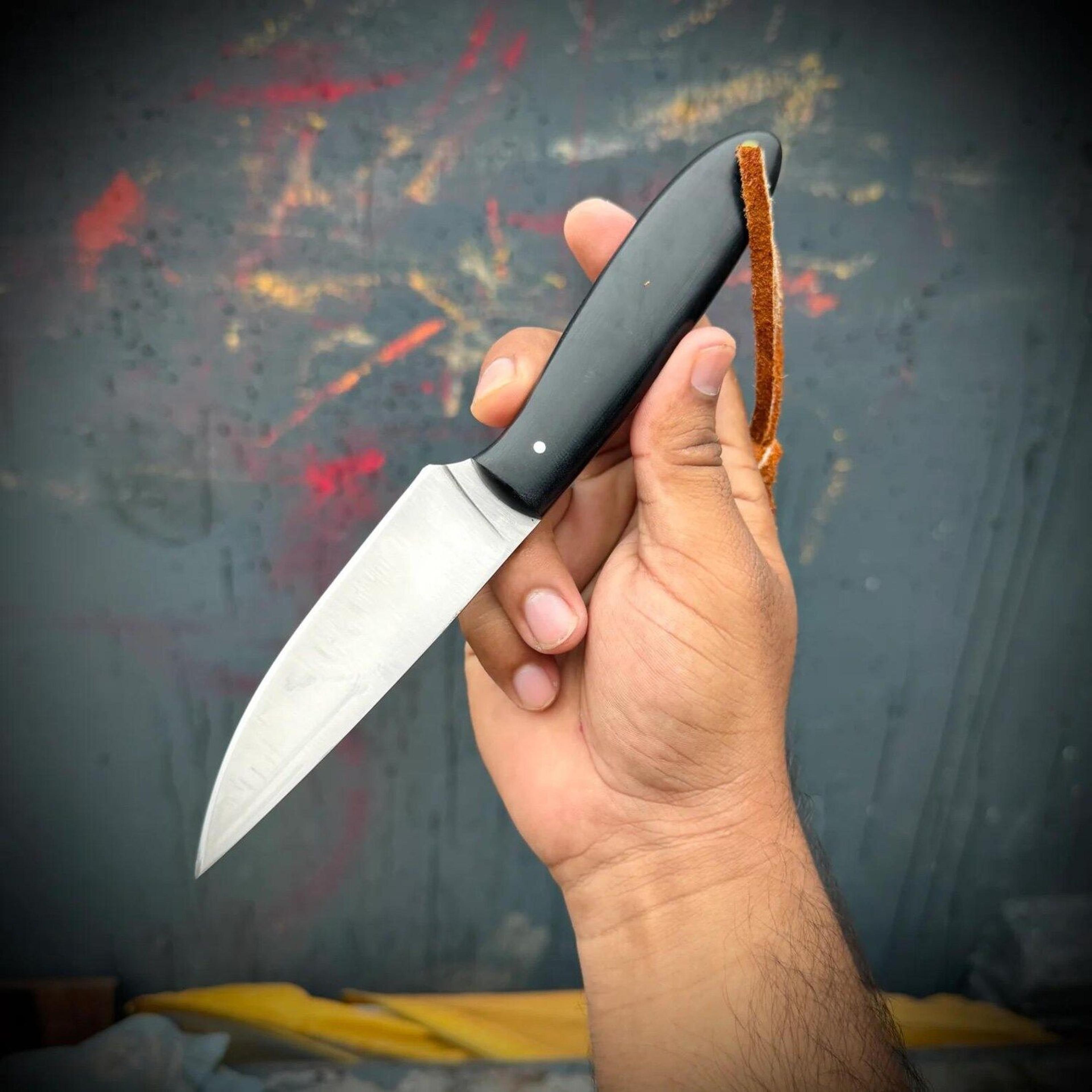handcrafted compact edc outdoor utility knife with black handle and leather lanyard – perfect gift for campers