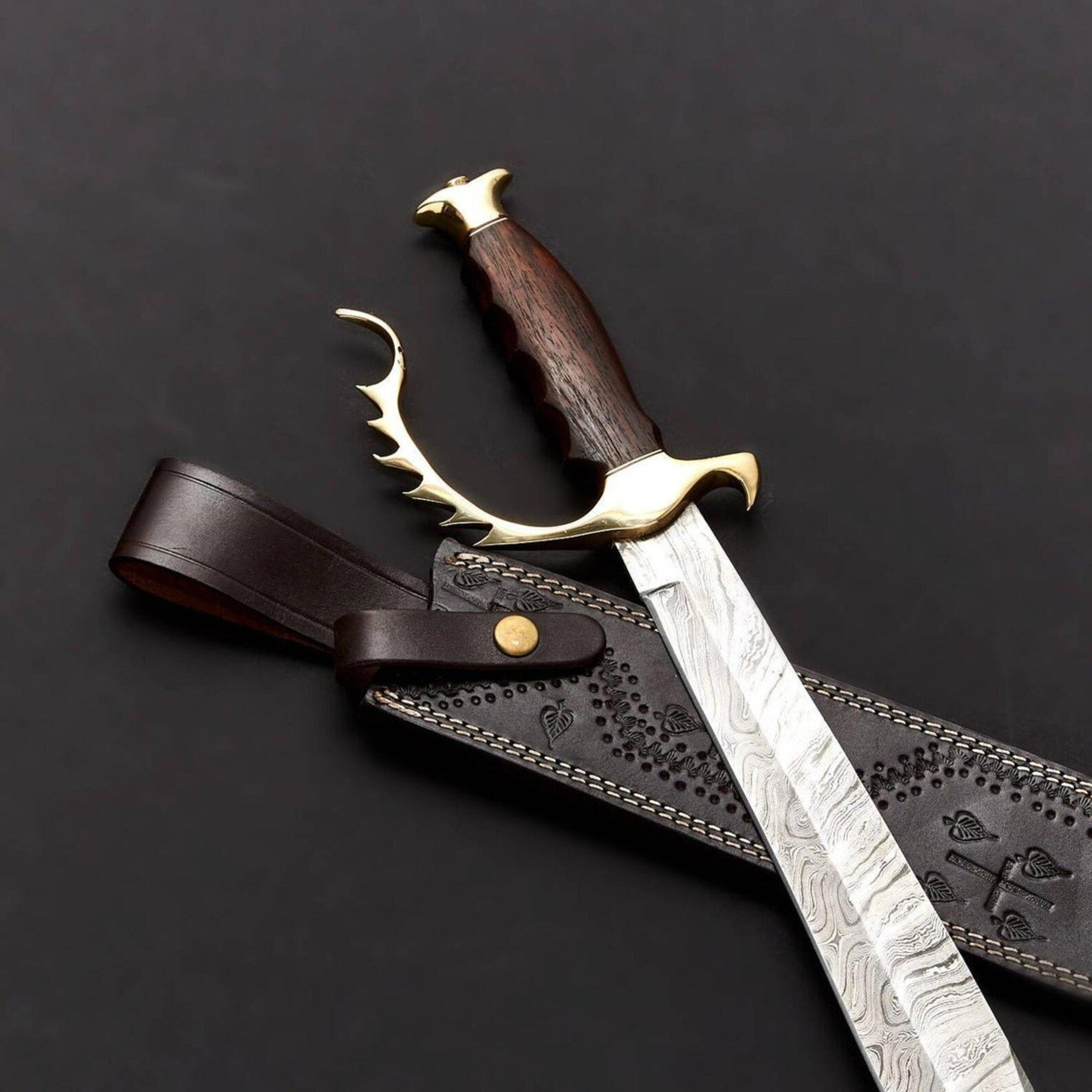 handmade damascus bowie hunting knife fixed blade with walnut wood handle & leather sheath | survival knife | bf gift