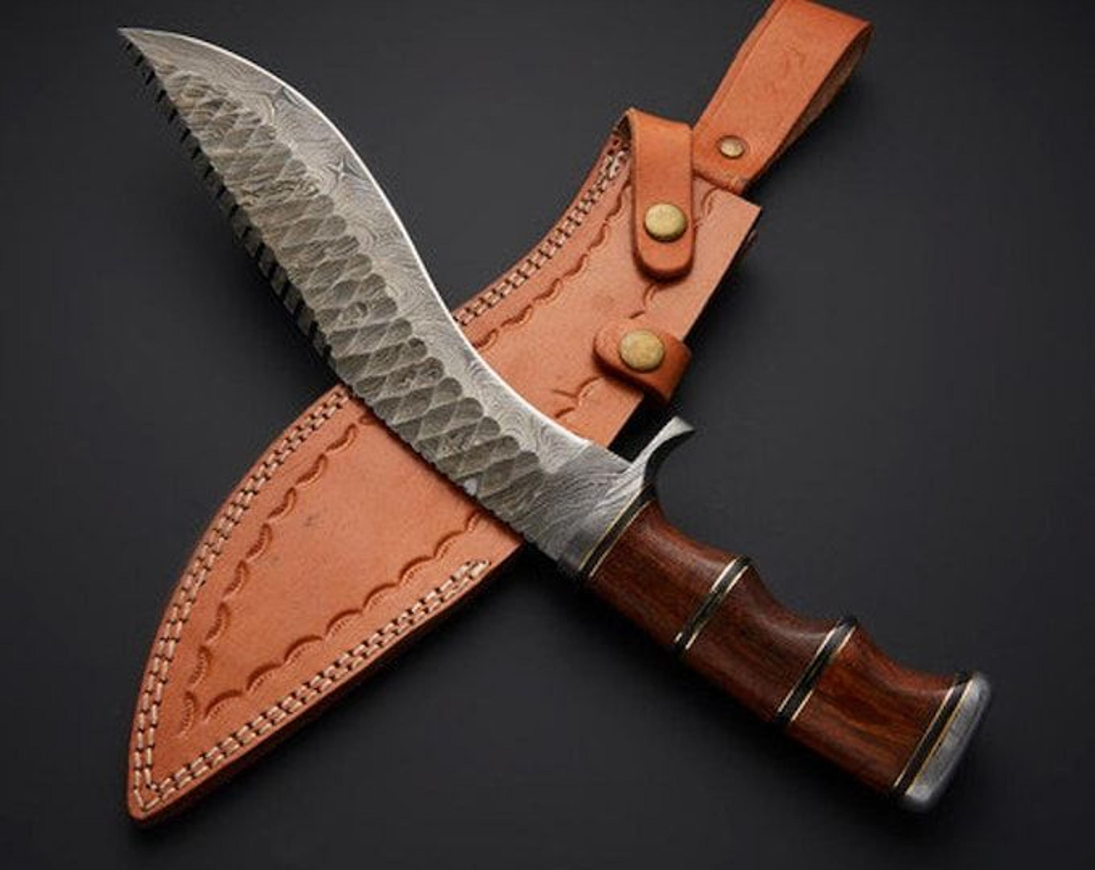 custom damascus hunting knife fixed blade with walnut wood handle & leather sheath | bushcraft camping knife