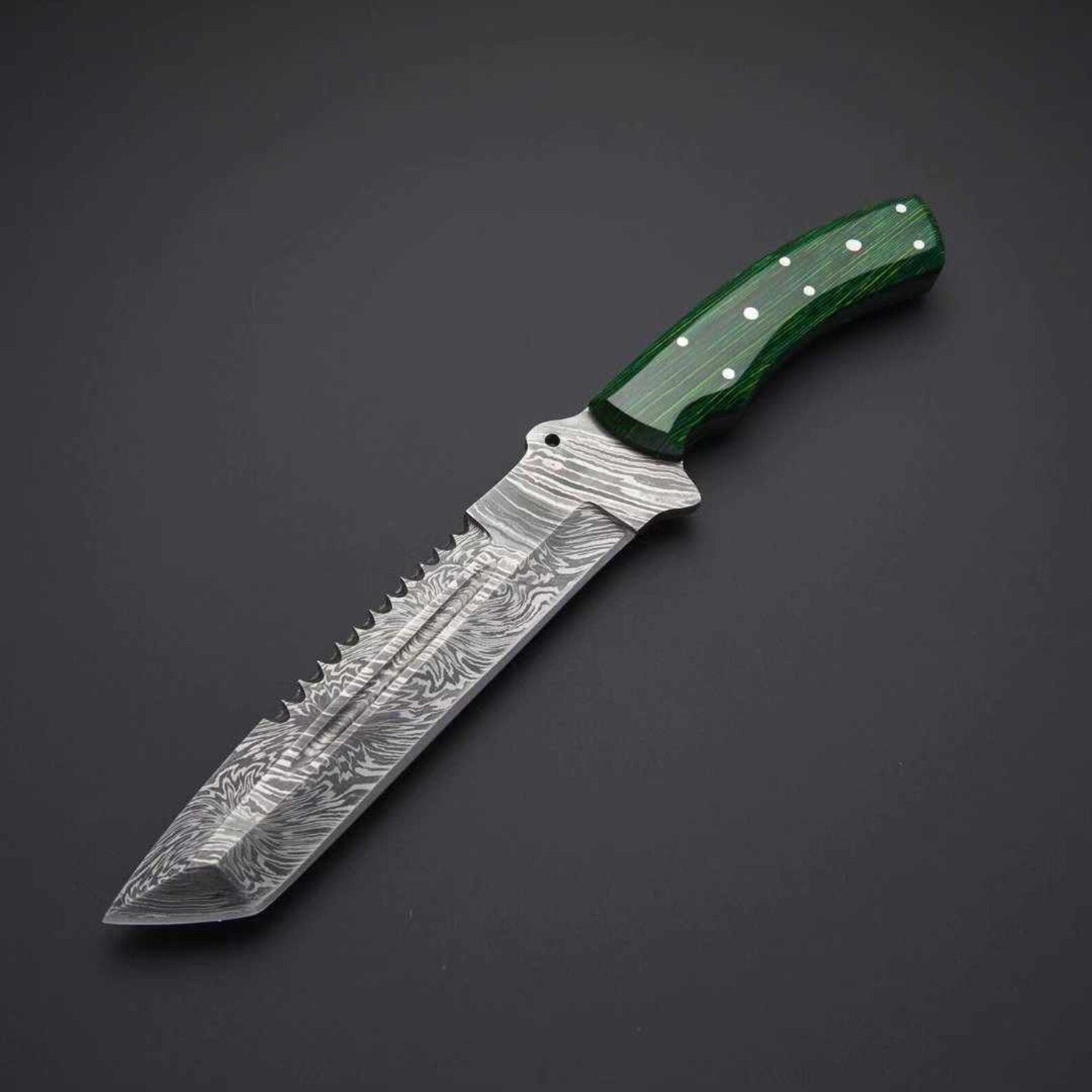 handmade damascus tactical hunting knife serrated fixed blade green micarta handle with leather sheath | bushcraft survi