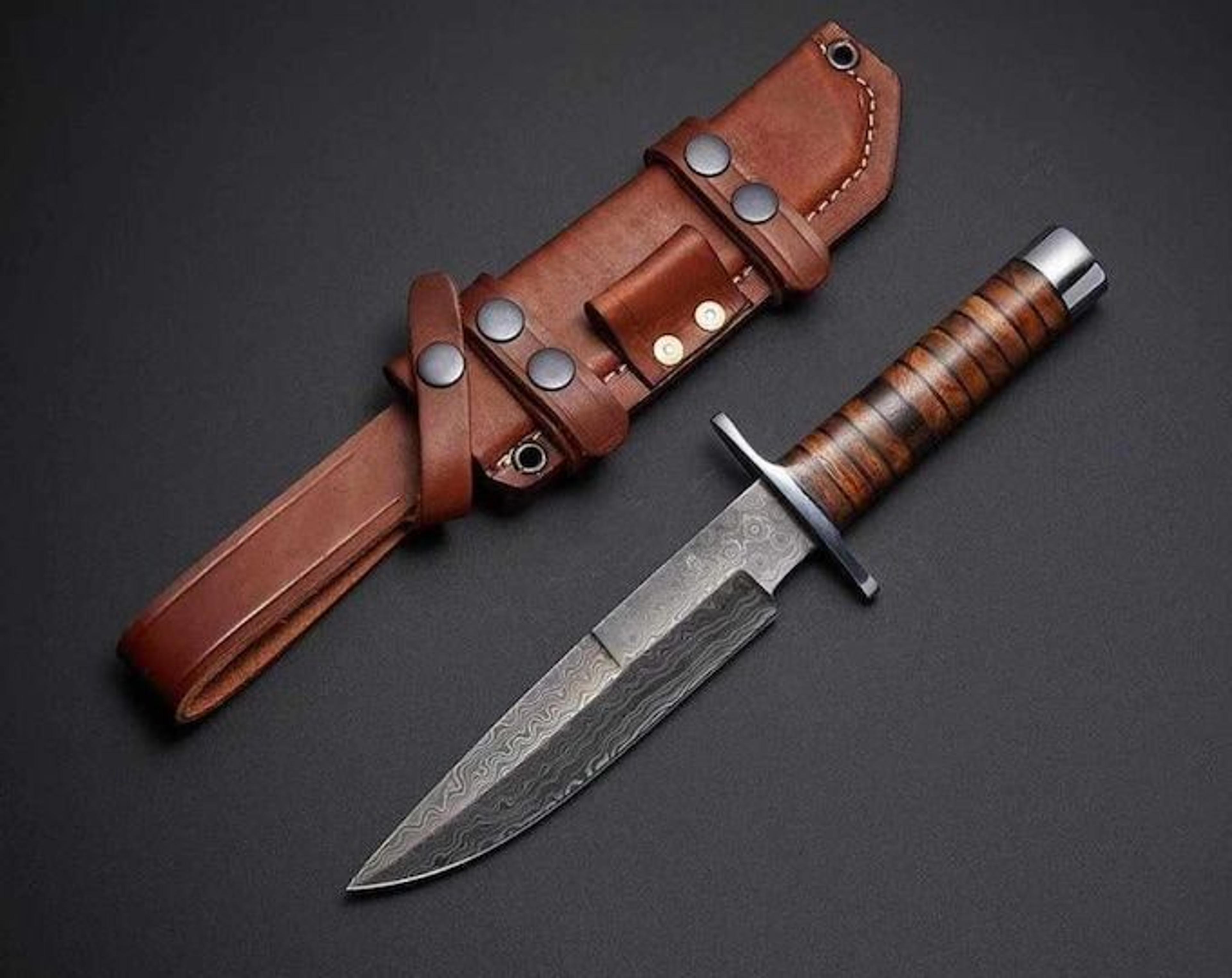 handmade damascus bowie hunting knife fixed blade with leather wrapped handle & leather sheath | camping knife