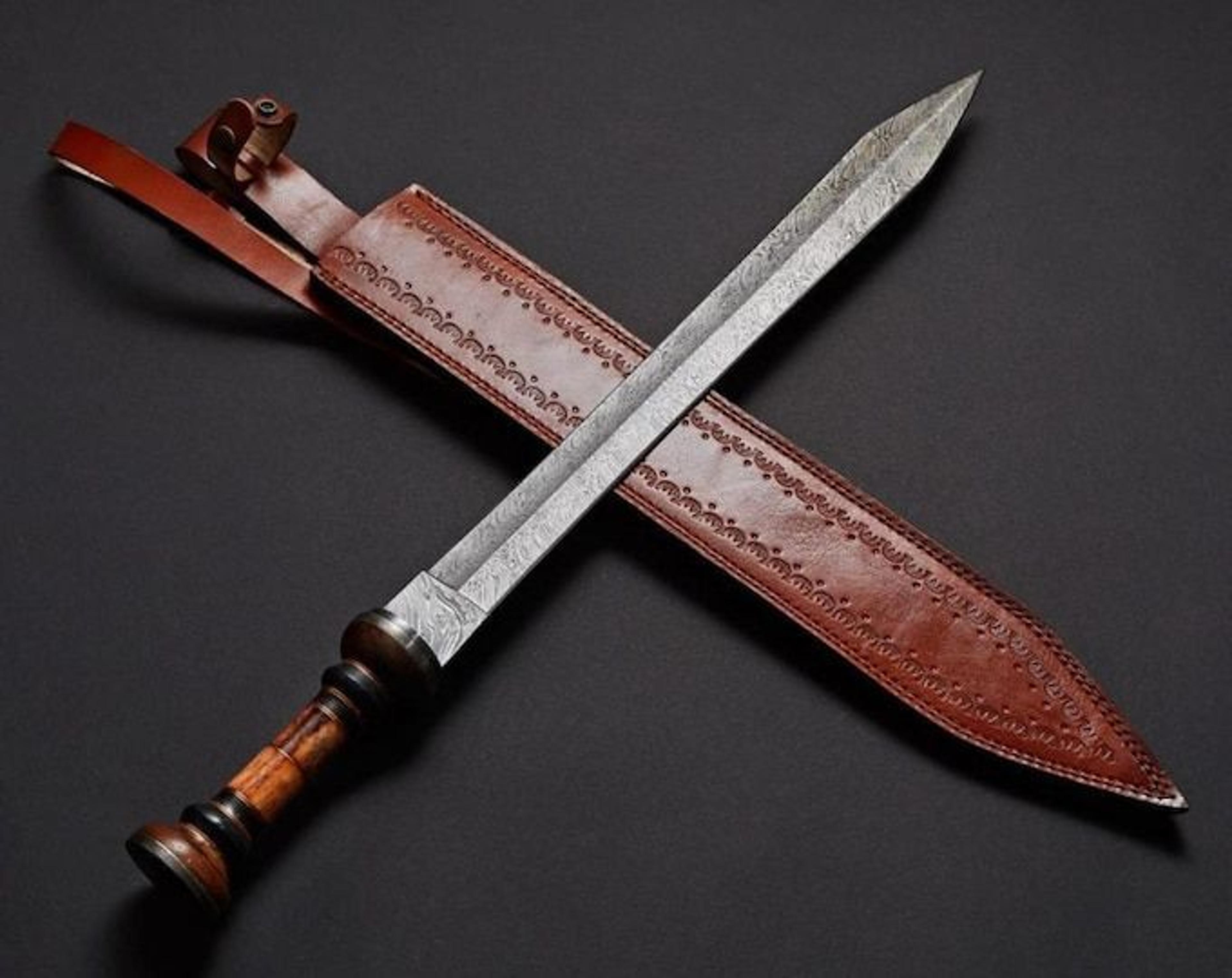 handmade damascus gladius sword fixed blade with wooden handle & leather scabbard | gift for him & sword enthusiasts