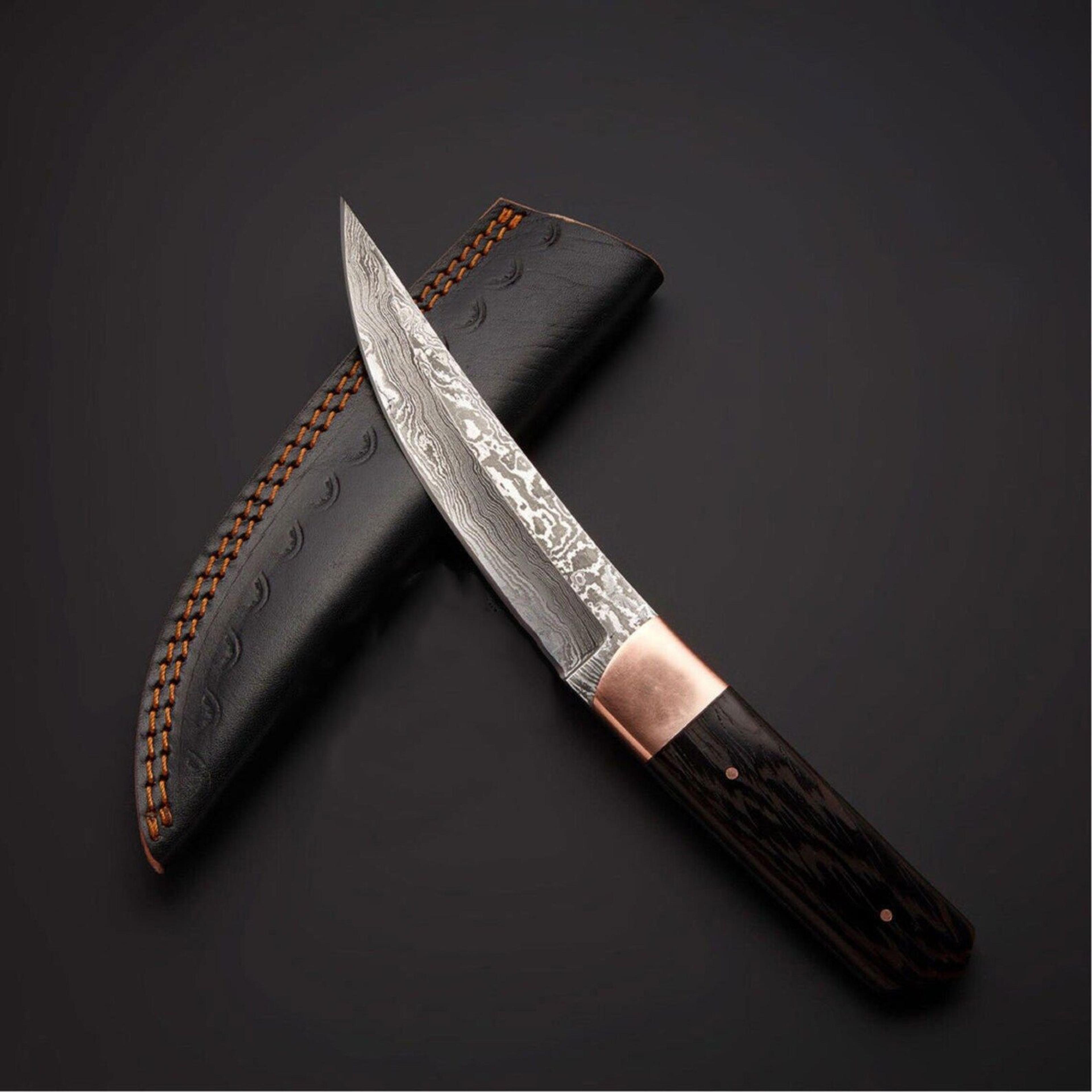 damascus hunting knife fixed blade with wenge wood handle & leather sheath | bushcraft camping survival knife