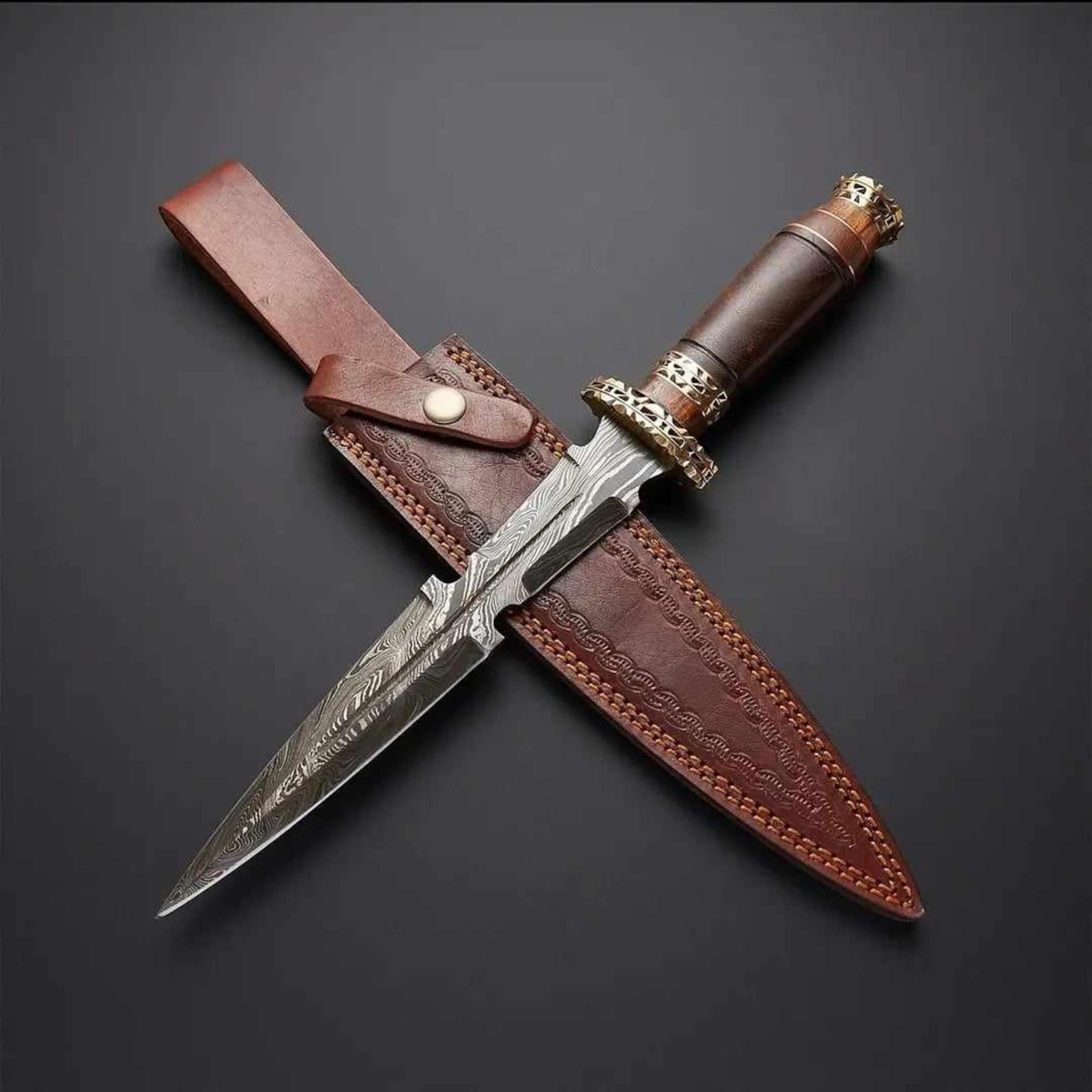 handmade damascus dagger fixed blade with rosewood handle & leather sheath | double edge knife