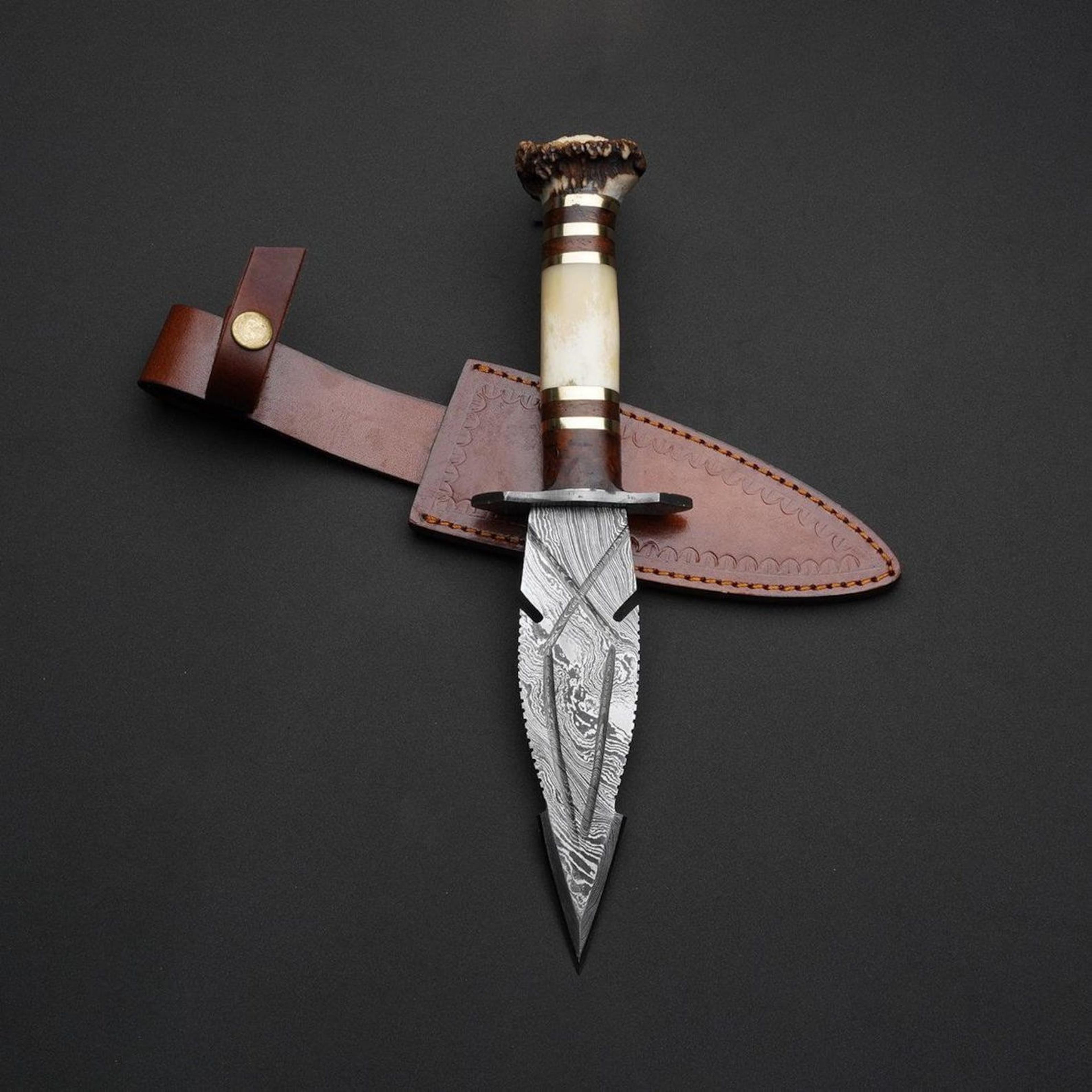 custom damascus arrowhead hunting dagger with antler & bone handle, leather sheath | fixed blade collectible knife