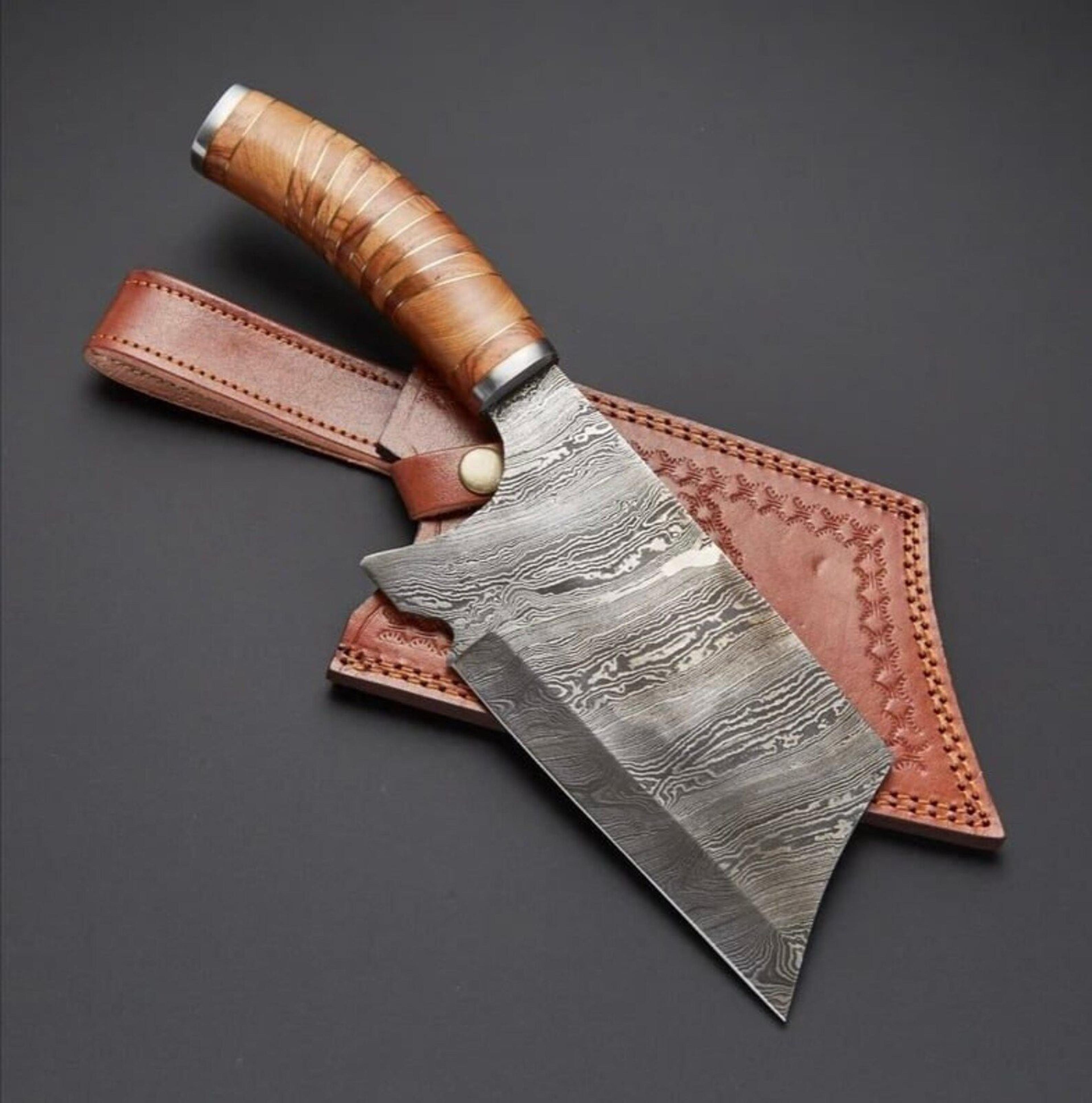 custom damascus cleaver knife fixed blade with leather wrapped handle & leather sheath | bushcraft camping meat cleaver