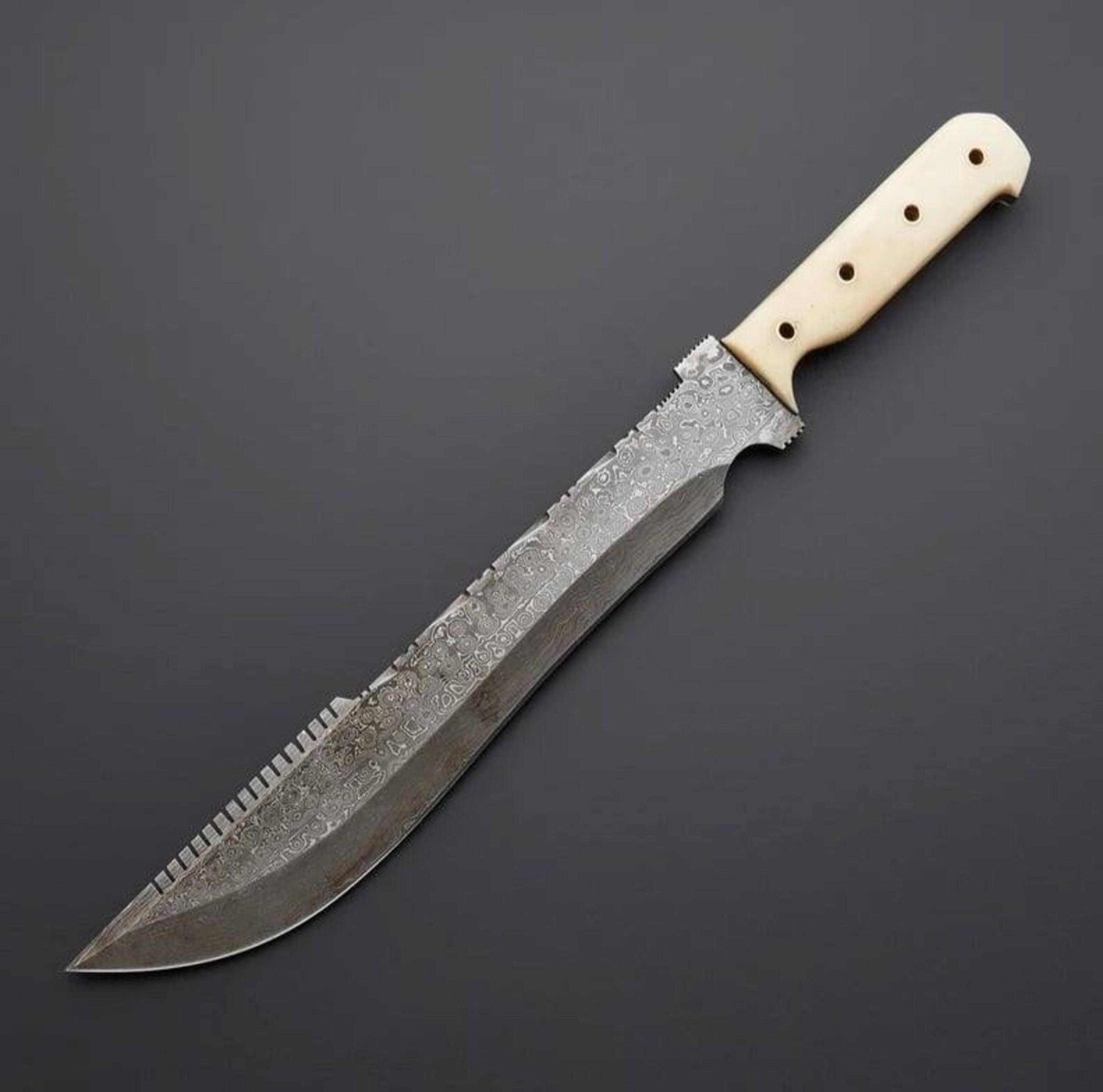 damascus survival knife serrated fixed blade with bone handle & leather sheath | bushcraft camping hunting knife