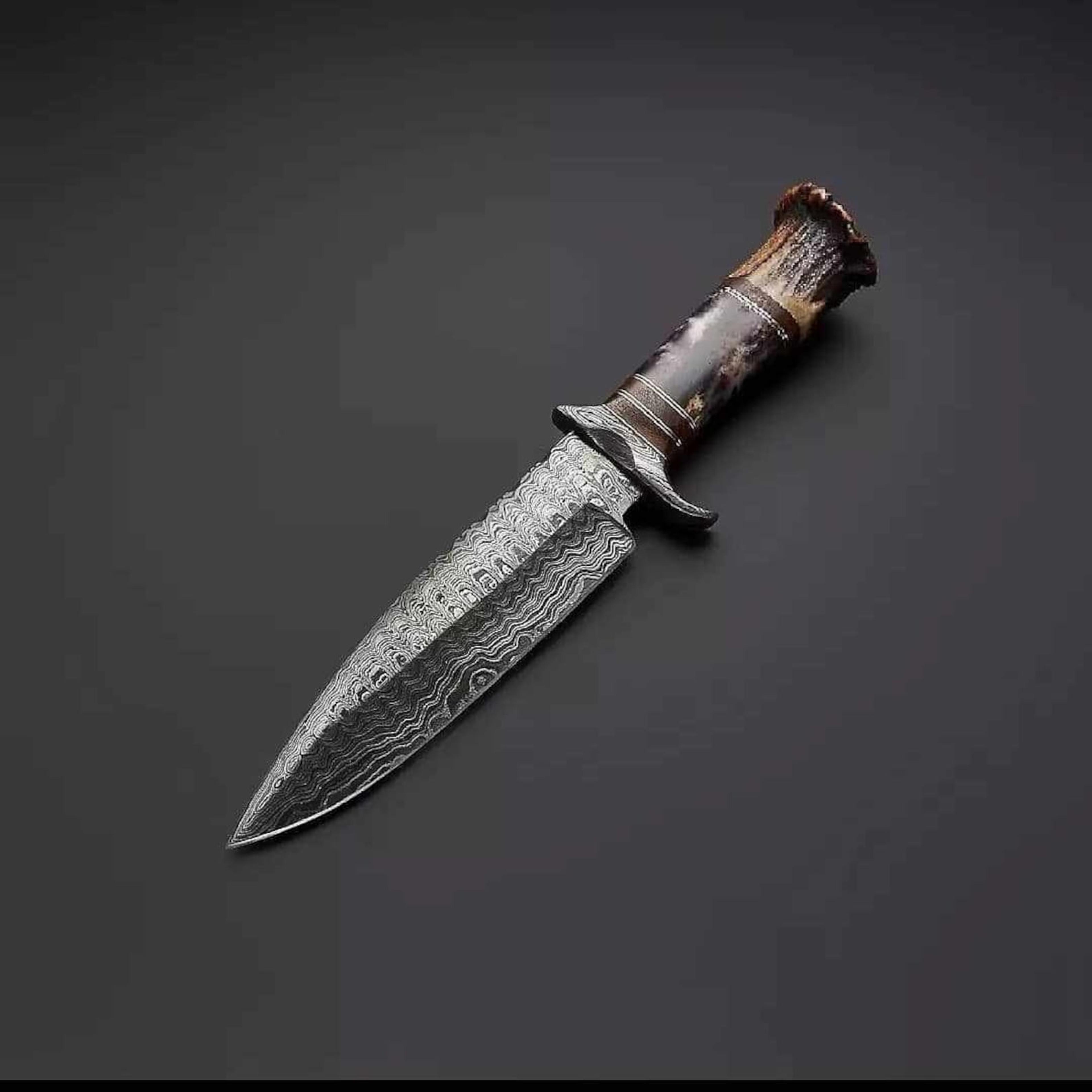 custom damascus hunting knife with stag antler handle & leather sheath fixed blade survival knife | unique gift for him