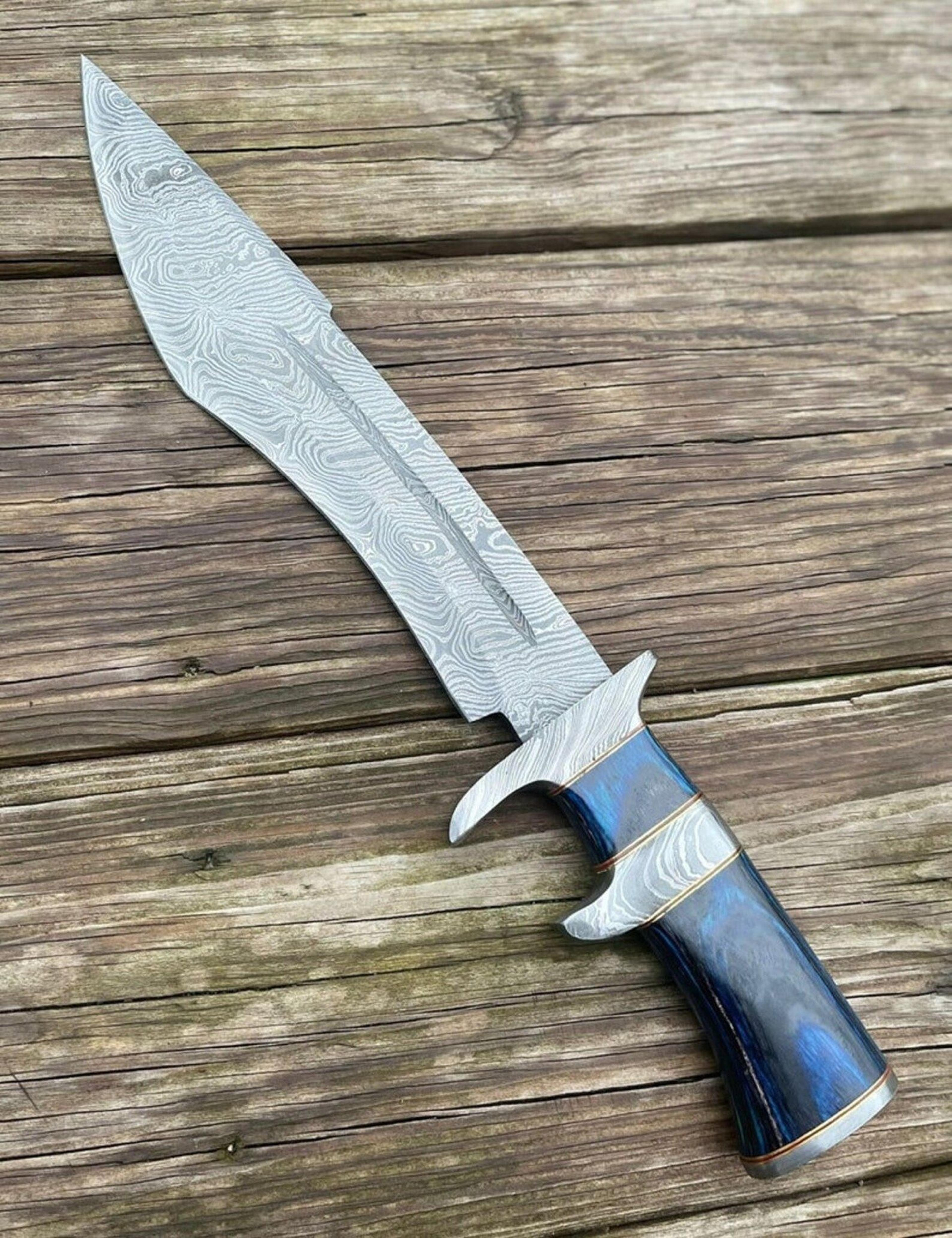 damascus bowie knife with blue resin & wood handle, leather sheath | fixed blade hunting survival knife | gift for him