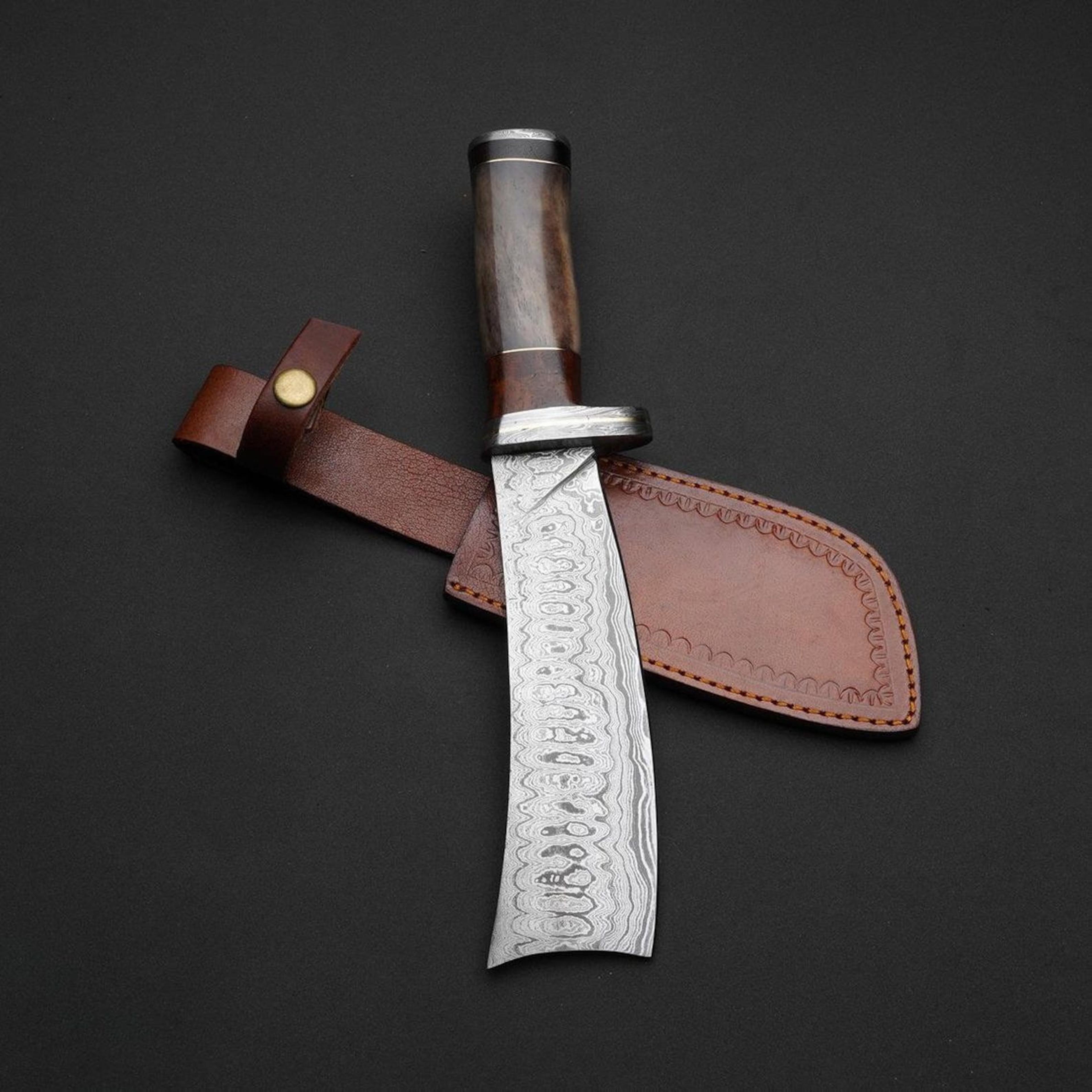 damascus machete knife with hardwood handle & leather sheath | fixed blade bushcraft survival chopper | unique gift for