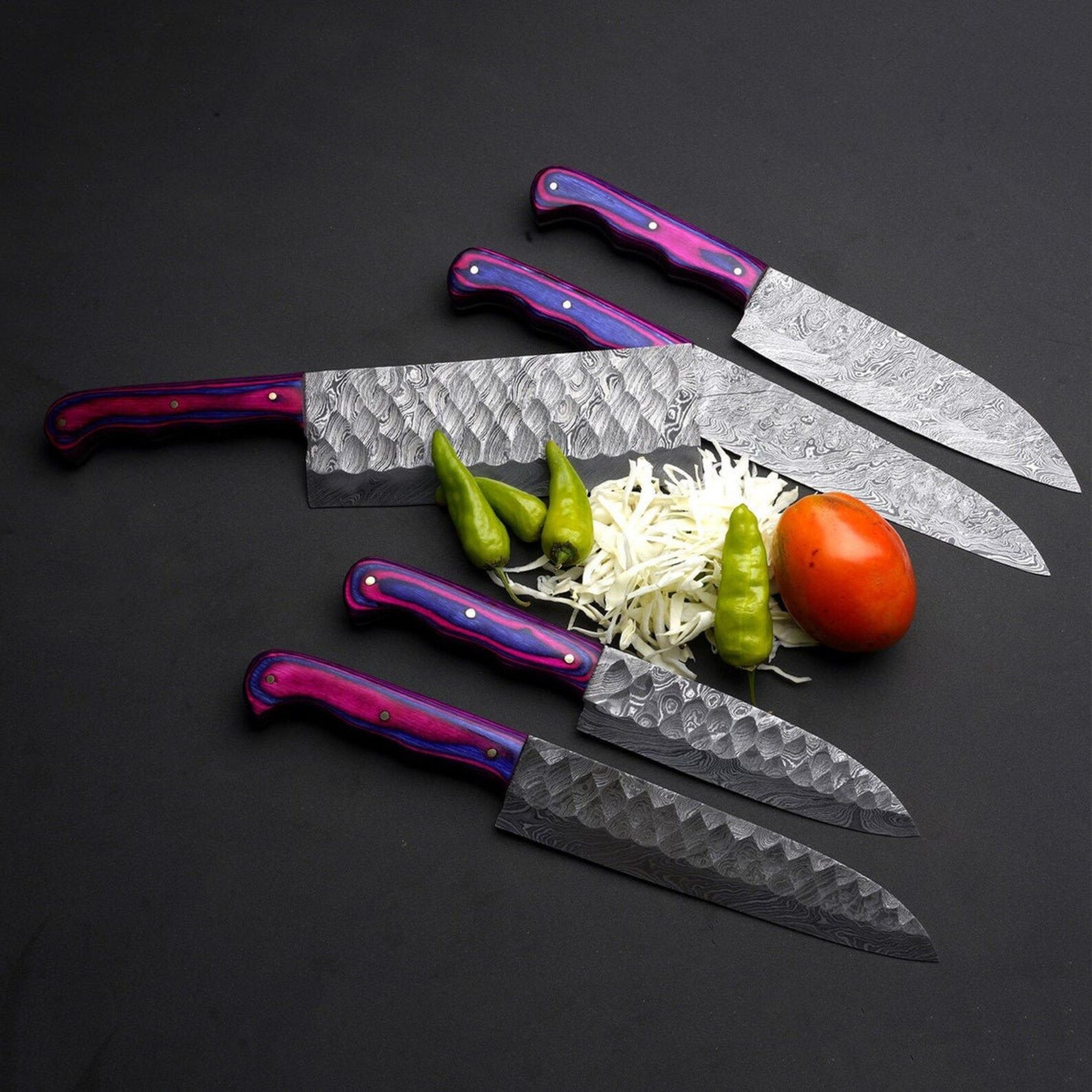 5-piece damascus chef knife set with resin wood handles | professional kitchen knives | gift for chefs, home co